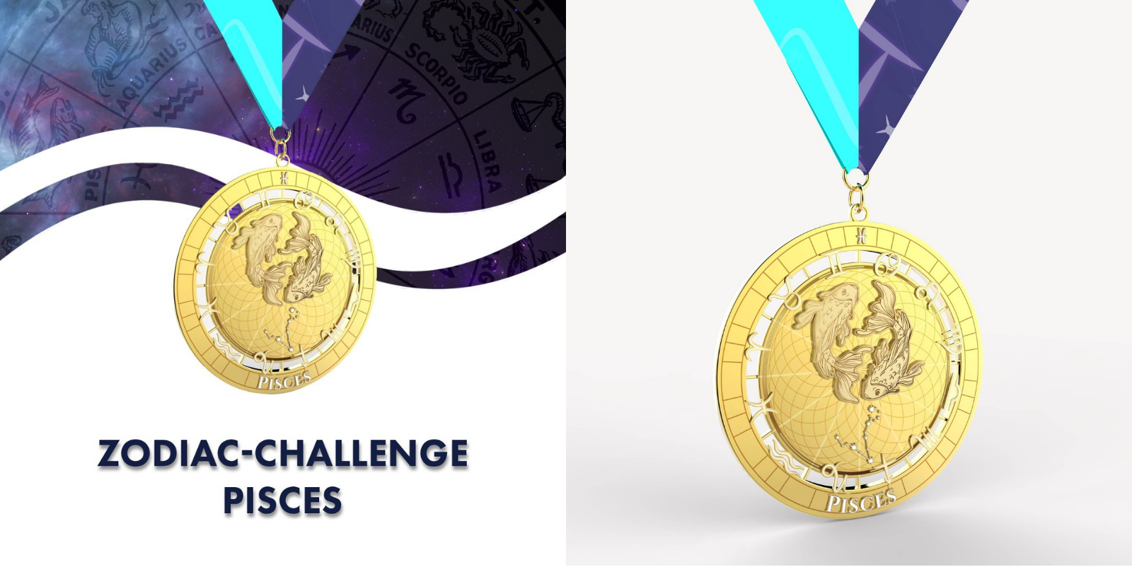 A gold medal featuring a Pisces symbol with astrological designs in the background. The medal is shown in two perspectives: one hanging from a ribbon, and the other in close-up. Text reads "ZODIAC CHALLENGE PISCES" at the bottom left.