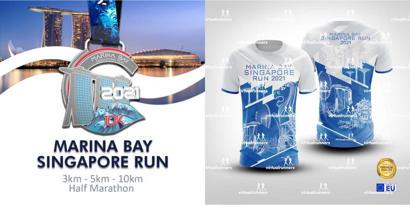 A promotional image for the Marina Bay Singapore Run 2021. It features a medal with "2021" and "10k" inscriptions, and two race shirts with blue and white skyline designs. The event offers 3km, 5km, 10km, and Half Marathon options. Various sponsors' logos are visible.
