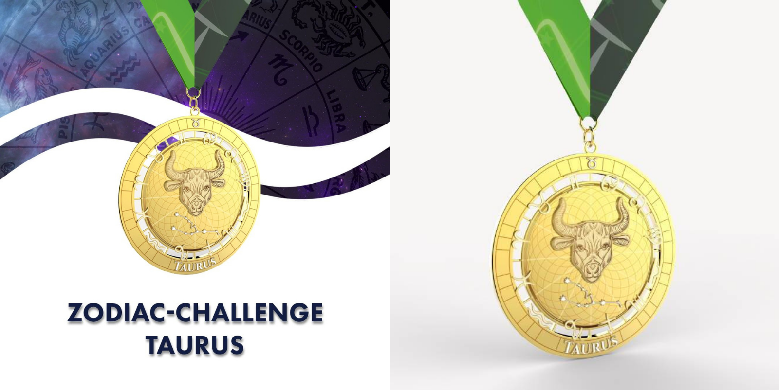A gold medal with a depiction of the Taurus zodiac sign and corresponding constellation. The medal hangs from a green and white ribbon. The background includes a partial zodiac wheel and the text "Zodiac Challenge Taurus" in bold blue letters.