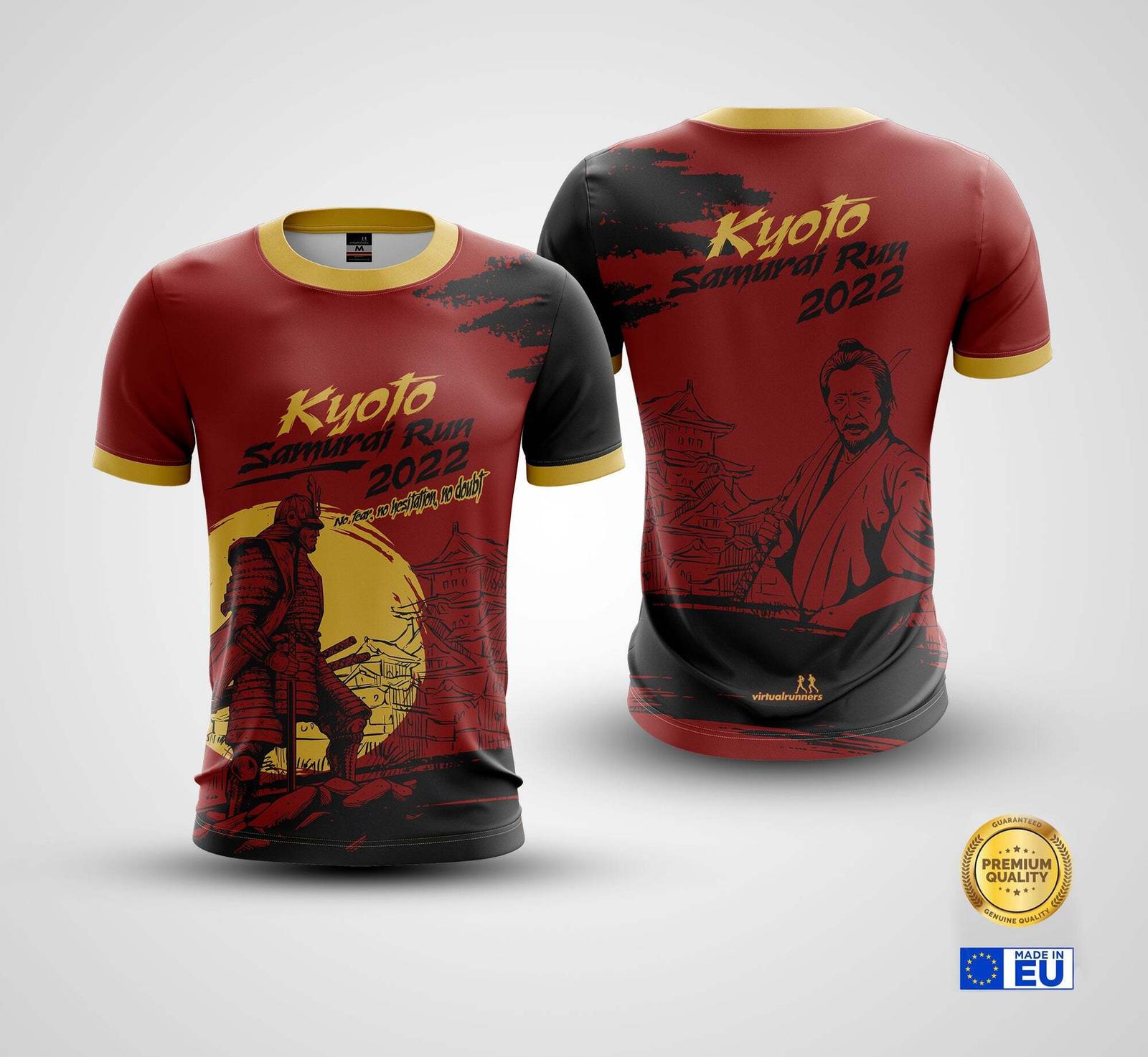 Two red and black t-shirts with yellow trim and "Kyoto Samurai Run 2022" text. The front shows a samurai holding a sword against a yellow sun. The back features a samurai with traditional buildings in the background. "Made in EU" and premium quality badges are visible.