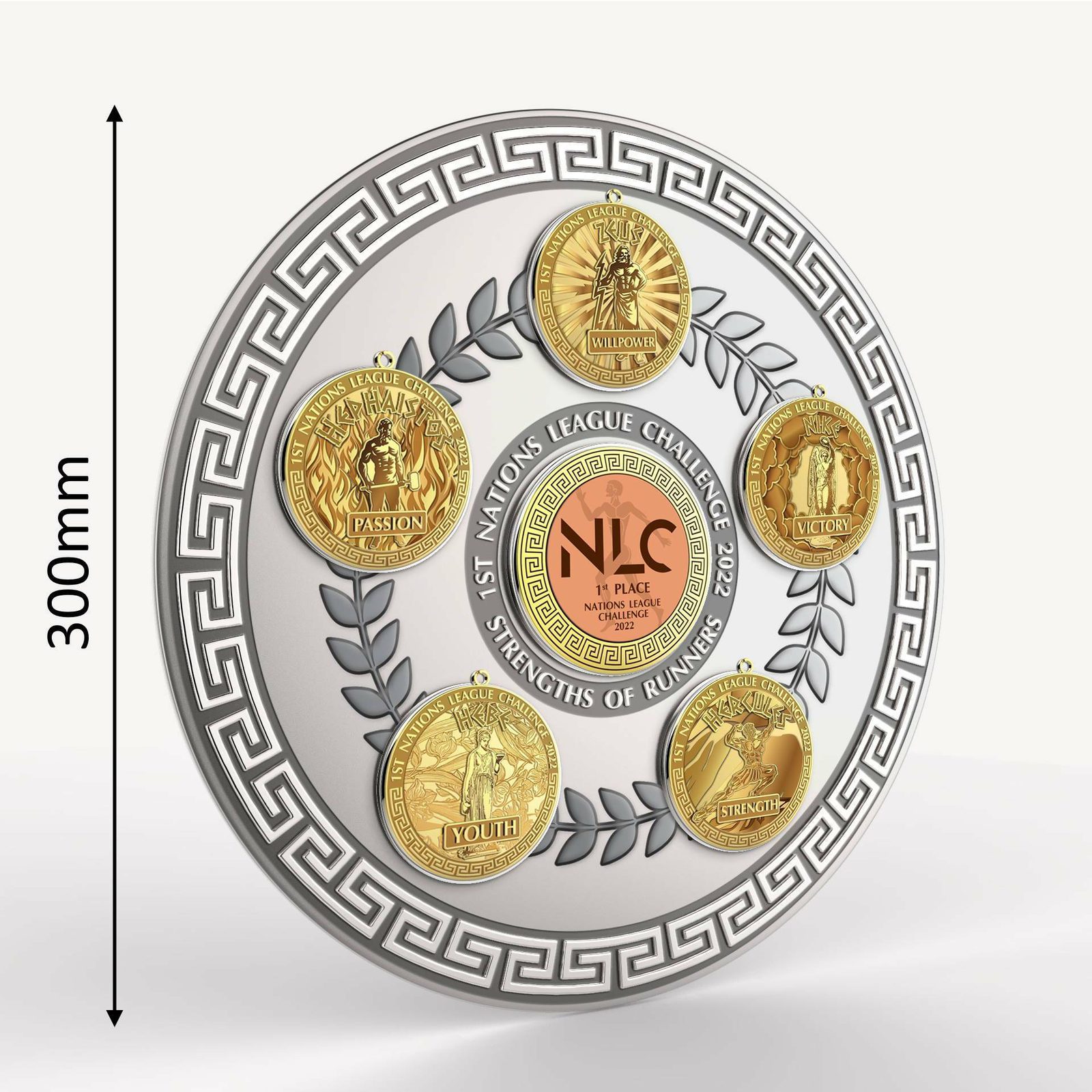 A circular metallic plate with a Greek key border and decorative leaves, featuring five gold medallions around the perimeter. The medallions are labeled: "PASSION," "VALOR," "YOUTH," "VICTORY," and "STRENGTH." At the center is an insignia for the "1st Nation's League Challenge 2022.