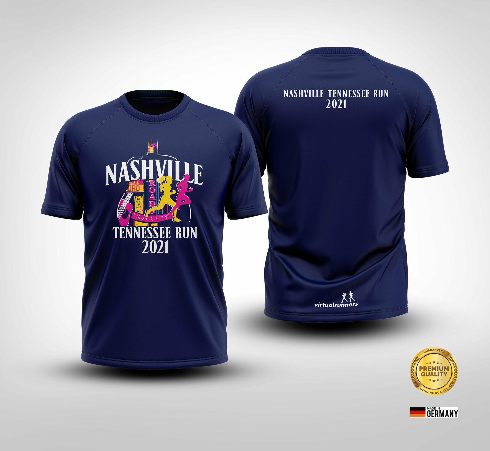 Front and back view of a navy blue T-shirt. The front features vibrant graphics with "Nashville Tennessee Run 2021" in white text. The back displays the same text in simplified white font at the top. A "Premium Quality" badge and a German flag are also shown.