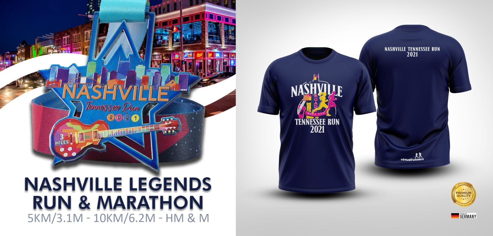 An advertisement for the "Nashville Legends Run & Marathon" featuring a blue star with Nashville landmarks and a guitar. Distances listed: 5KM, 10KM, Half Marathon, and Marathon. Also displayed are front and back views of the event t-shirt with the logo and 2021 text.