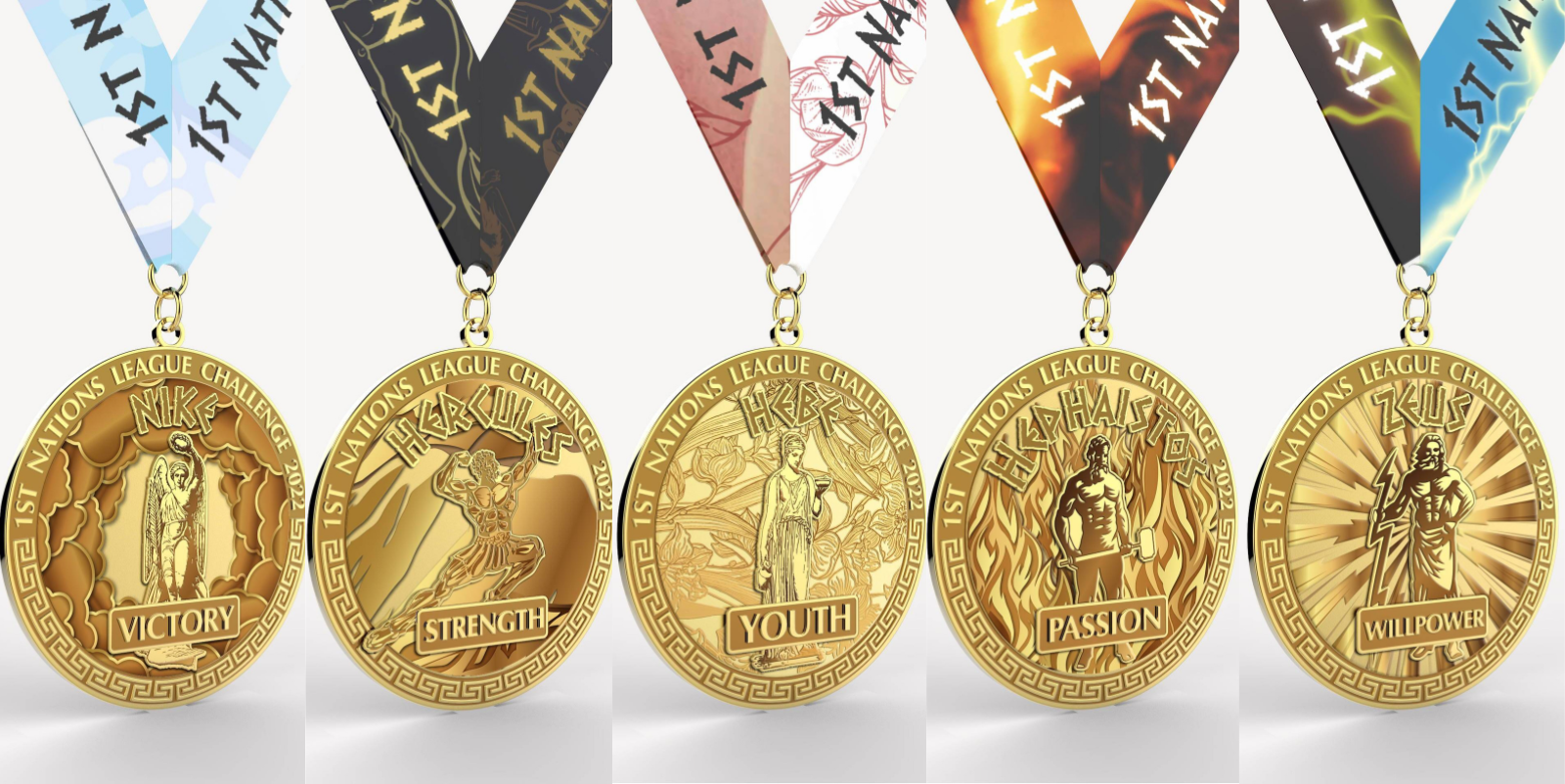 A set of five medals, each featuring a different design and labeled with distinct themes: "Victory," "Strength," "Youth," "Passion," and "Willpower." The ribbons attached to the medals have corresponding designs and read "NATIONS LEAGUE CHAMPION" and "1ST NATION" at the top.