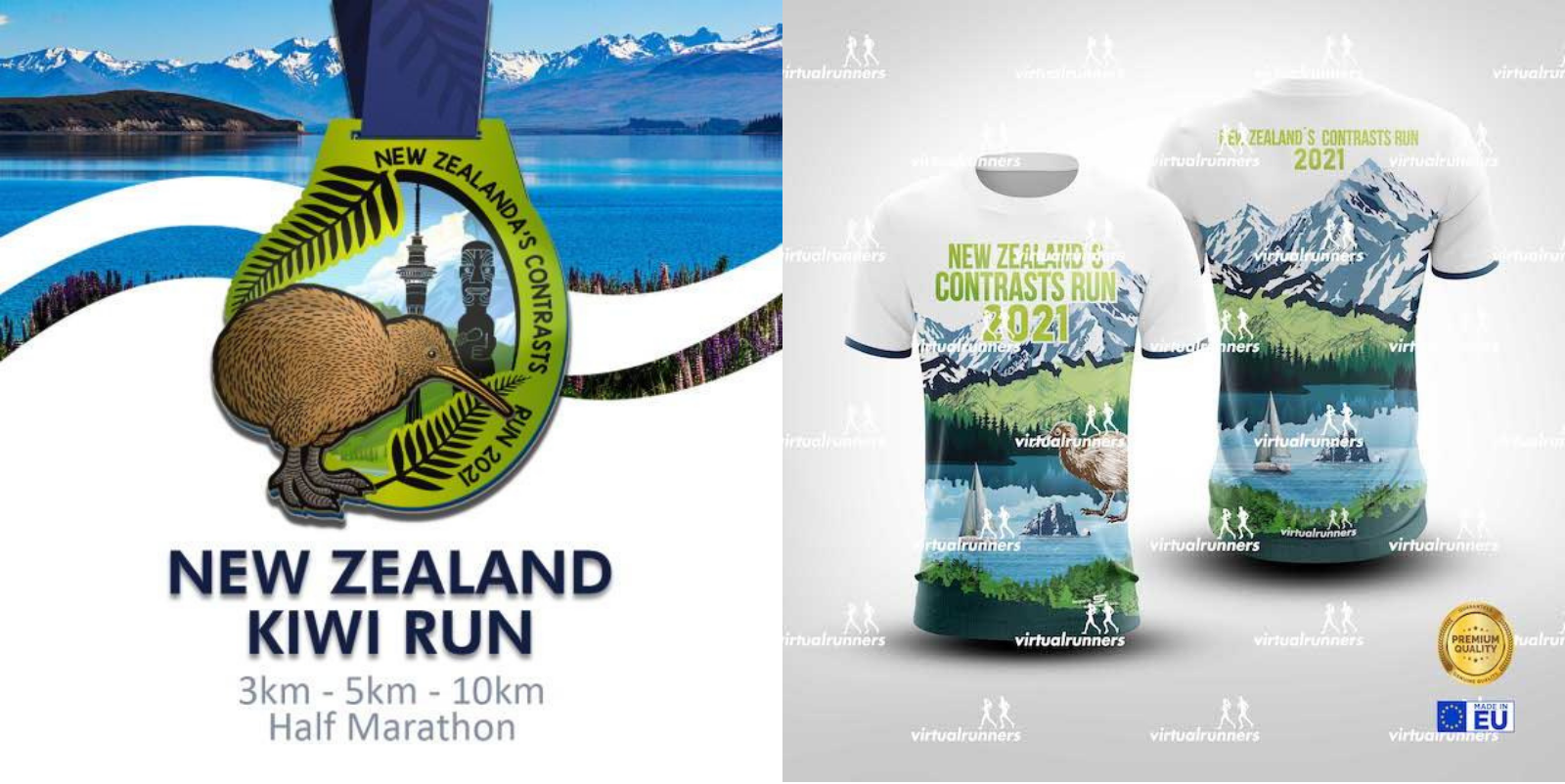 Composite image. Left: Medal design featuring a kiwi bird, mountains, and lake with "NEW ZEALAND KIWI RUN 2021" text and run distances. Right: Front and back views of running shirts with similar scenic designs and race information.