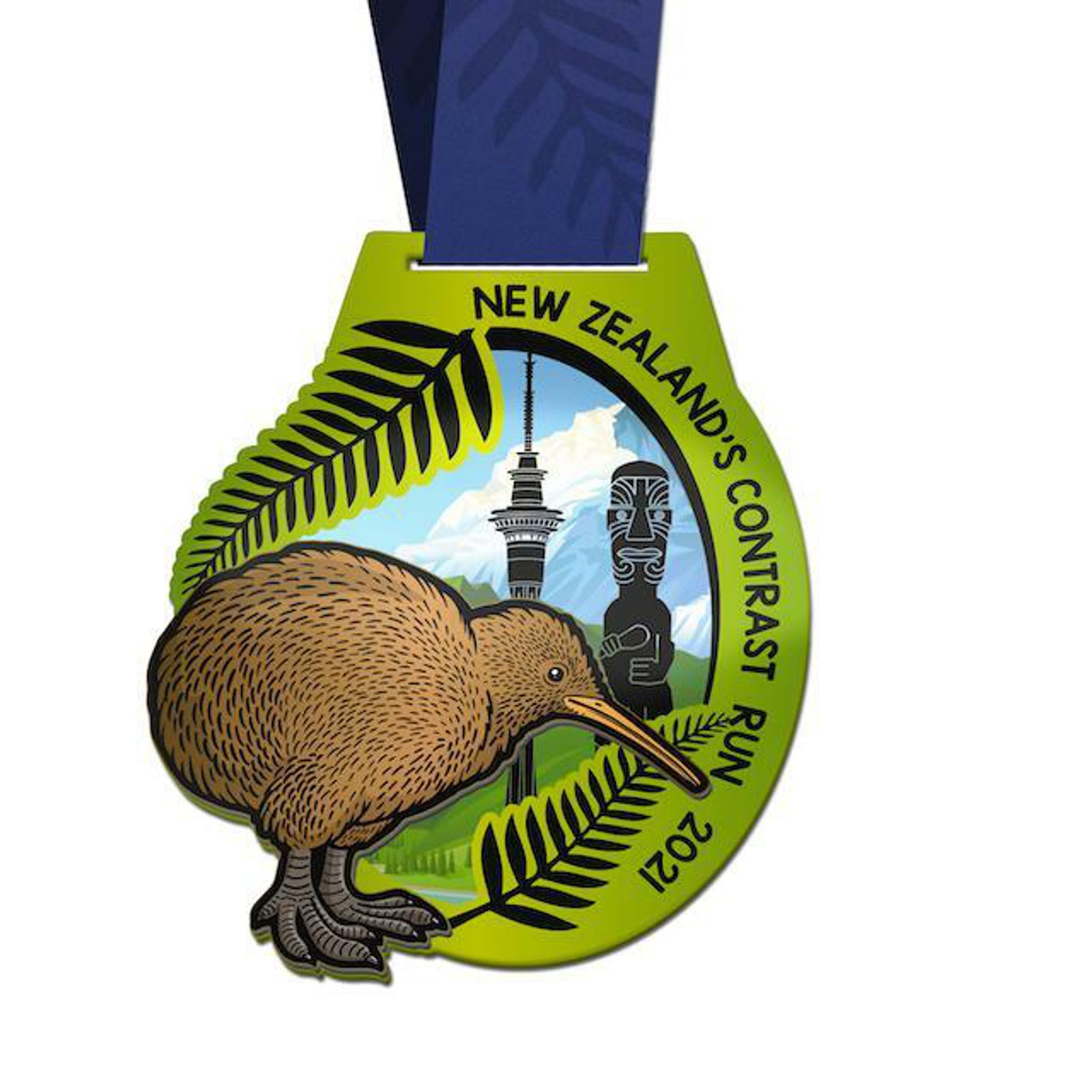 A medal with a kiwi bird, fern leaves, and New Zealand's Sky Tower, featuring "New Zealand's Contrast Run 2021" text. The medal is primarily green with blue and black elements and is attached to a blue ribbon.