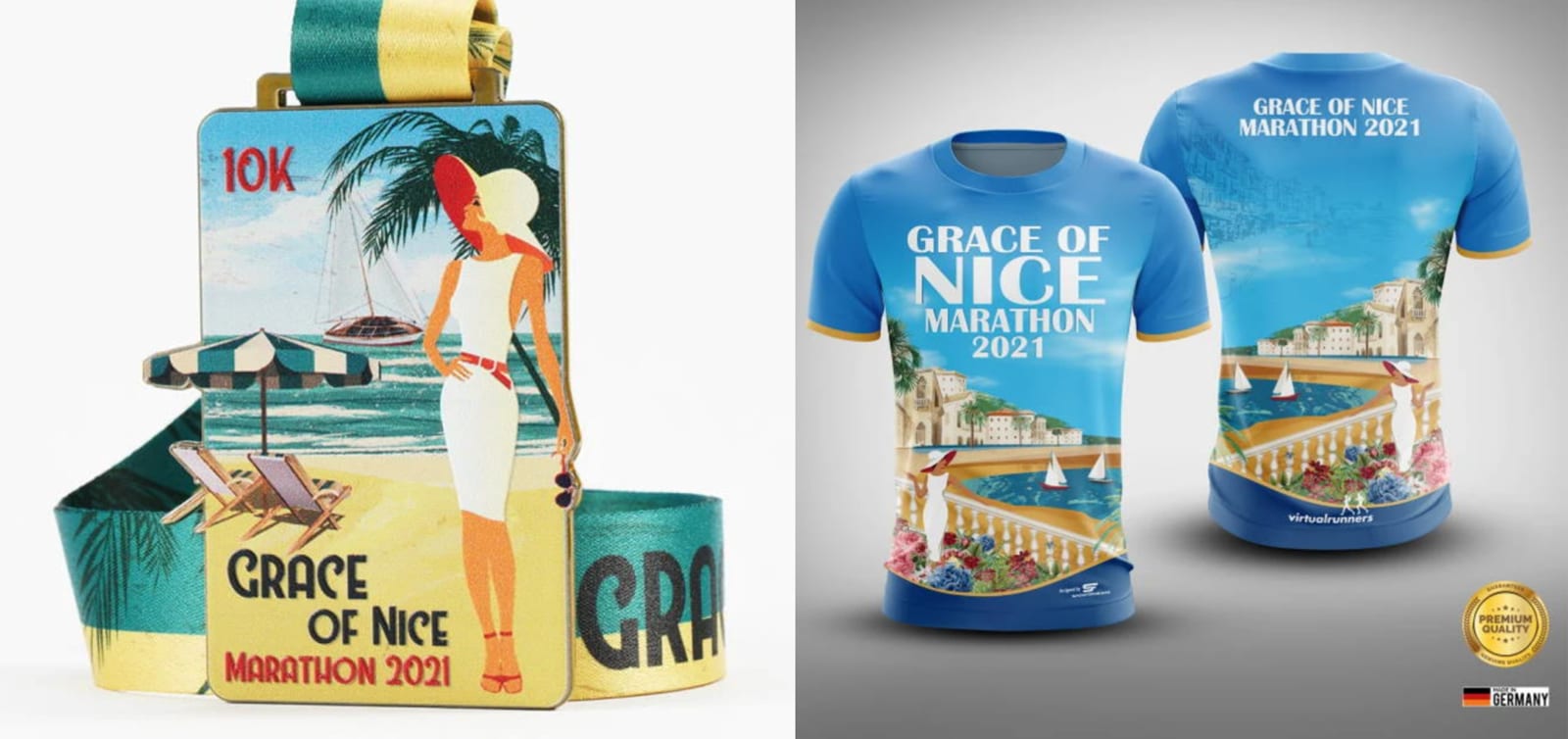 Image showing a commemorative medal and two marathon shirts for the "Grace of Nice Marathon 2021." The medal features a stylized woman at the beach with palm trees, while the shirts display a coastal scene with the event name and date prominently.