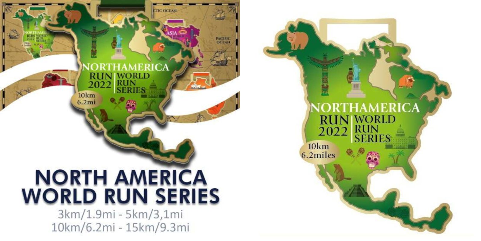 The image shows a promotional graphic for the North America World Run Series 2022. It includes a stylized map of North America with distances of 3km/1.9mi, 5km/3.1mi, 10km/6.2mi, and 15km/9.3mi, along with landmarks and wildlife illustrations.