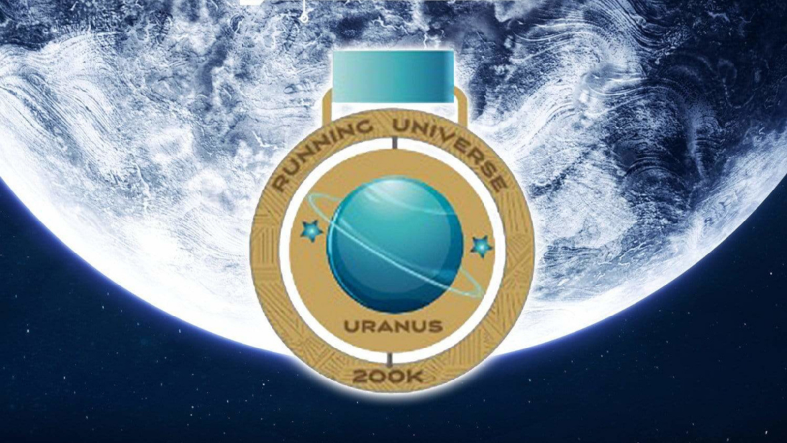 A gold medallion with a blue ribbon floats in space in front of a close-up view of a planet. The medallion features an illustration of the planet Uranus, two stars, and the text "RUNNING UNIVERSE URANUS 200K.