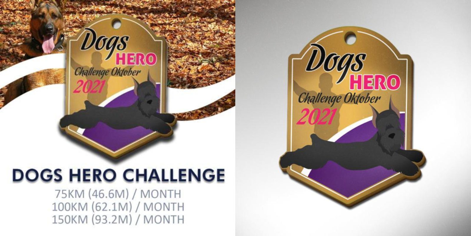 A promotional image for the "Dogs Hero Challenge October 2021." The left side features a photo of a dog tongue-out against a fall backdrop. The right shows a medal with a black dog silhouette and challenge distances: 75KM, 100KM, and 150KM per month.