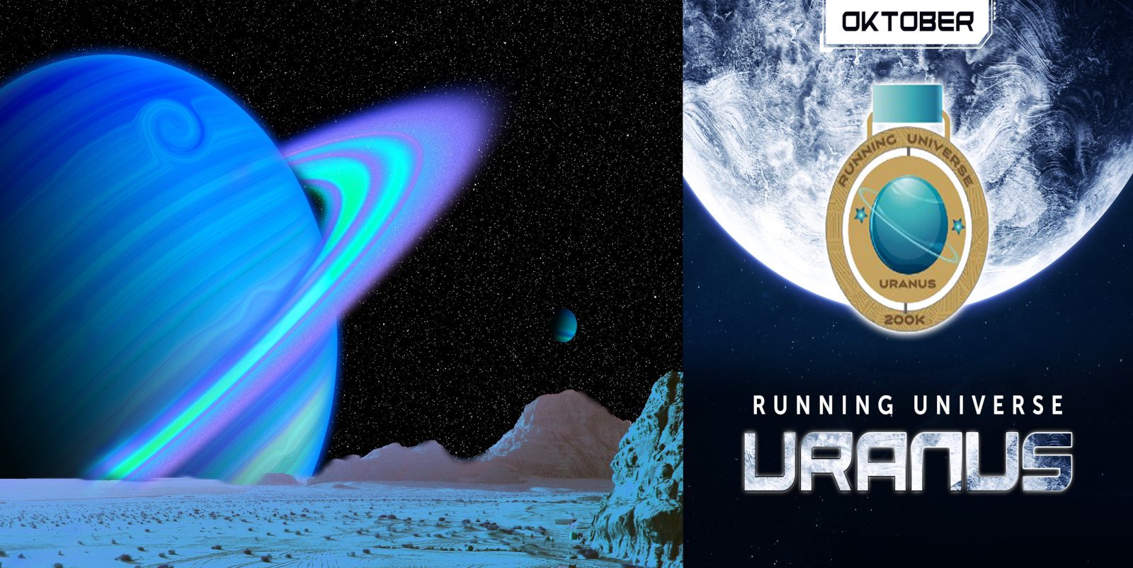 An artistic depiction of the planet Uranus with rings, situated next to a moon and against a starry background. Inset on the right is an illustration of a medal labeled "Running Universe Uranus" with the word "Oktober" and the number "200K" on it. Snowy landscape in the foreground.