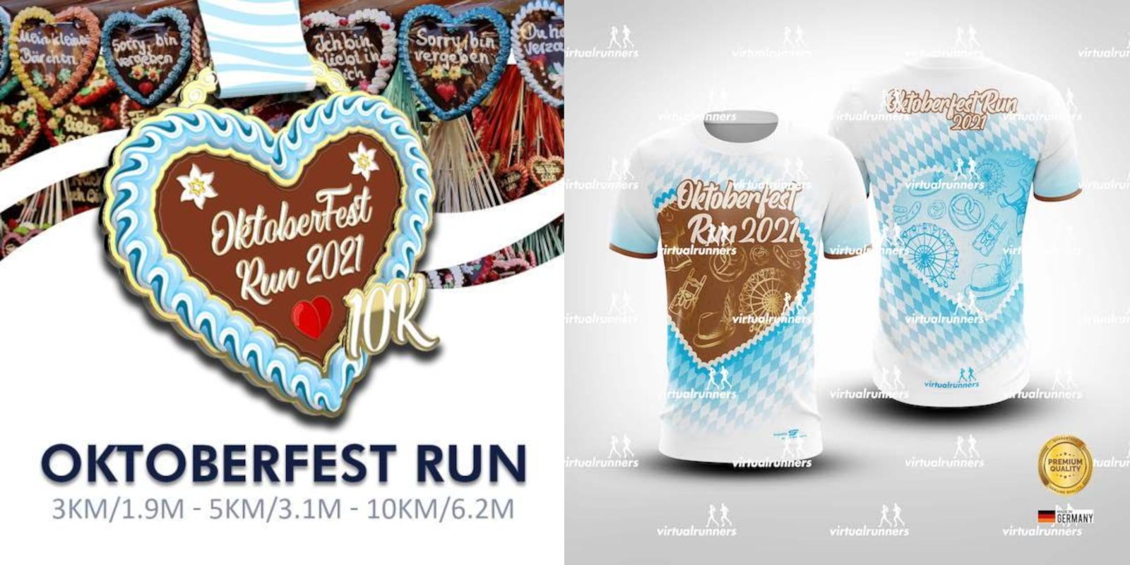 A promotional image for the "Oktoberfest Run 2021" shows a heart-shaped gingerbread cookie with the event name and distances (3KM, 5KM, 10KM). On the right, two white race shirts are displayed with blue and brown Oktoberfest designs.