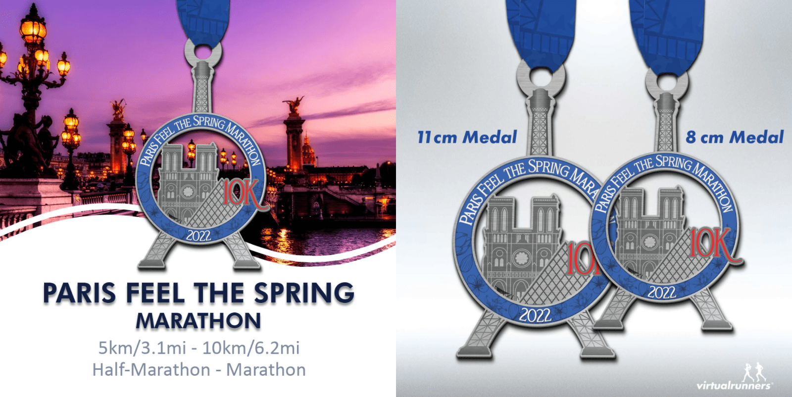 Two views of medals for the "Paris Feel the Spring Marathon." Left side shows a lit Eiffel Tower in the evening, right side shows medal image only. Medals feature Eiffel Tower design, with sizes: 11 cm for marathon, 8 cm for half-marathon and smaller distances.
