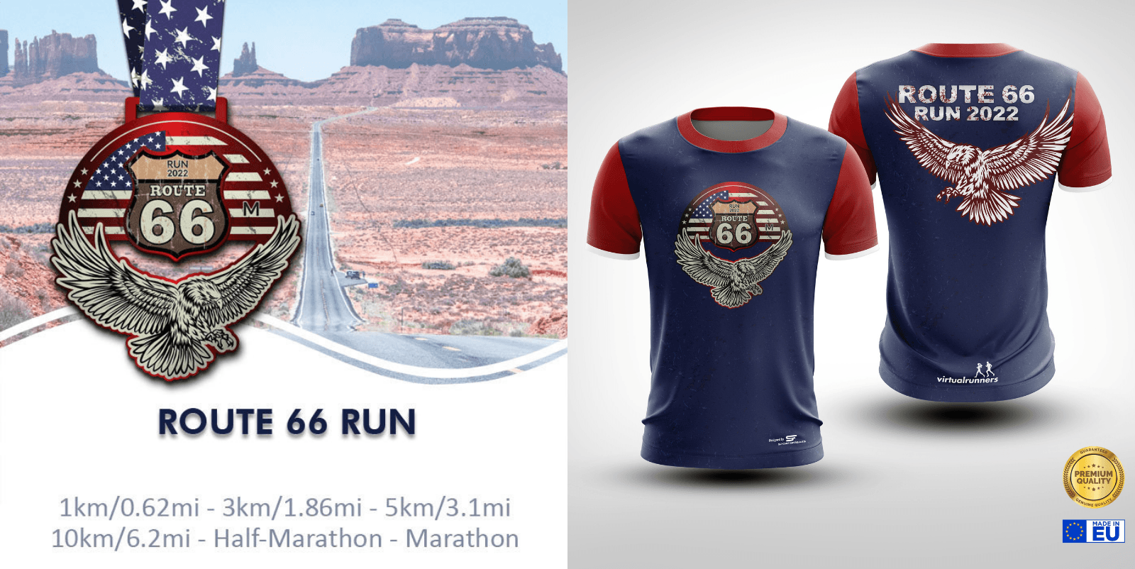 Promotional image for the 2022 Route 66 Run. It features a medal and two T-shirts. The medal has an eagle on it and the text "Route 66". The T-shirts show the same event logo and eagle design. Distance options listed: 1km, 3km, 5km, 10km, Half-Marathon, and Marathon.