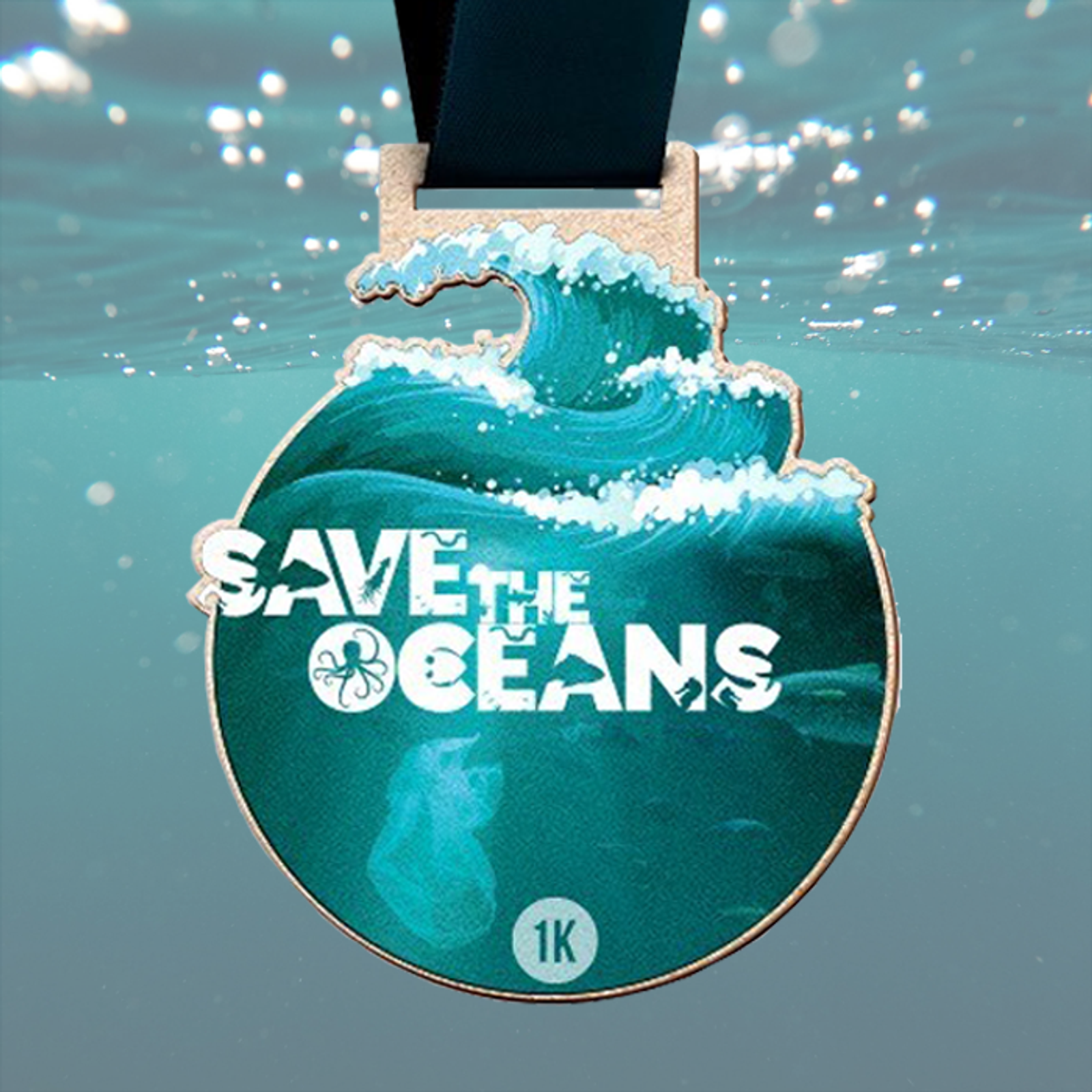 A round medal with a wave design and the text "Save the Oceans" is floating underwater. The water is blue and clear with bubbles, and the medal has a 1K indicator at the bottom. A black ribbon is attached to the top of the medal.