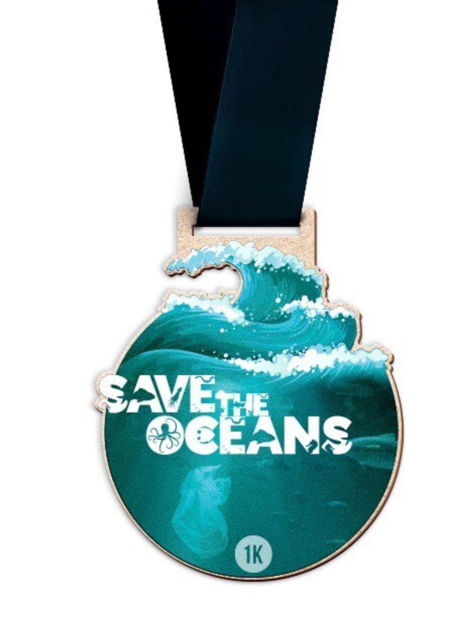 A circular medal with a black ribbon features the text “Save the Oceans” set against a blue background with ocean wave graphics. The bottom of the medal displays "1K", indicating a 1-kilometer event.