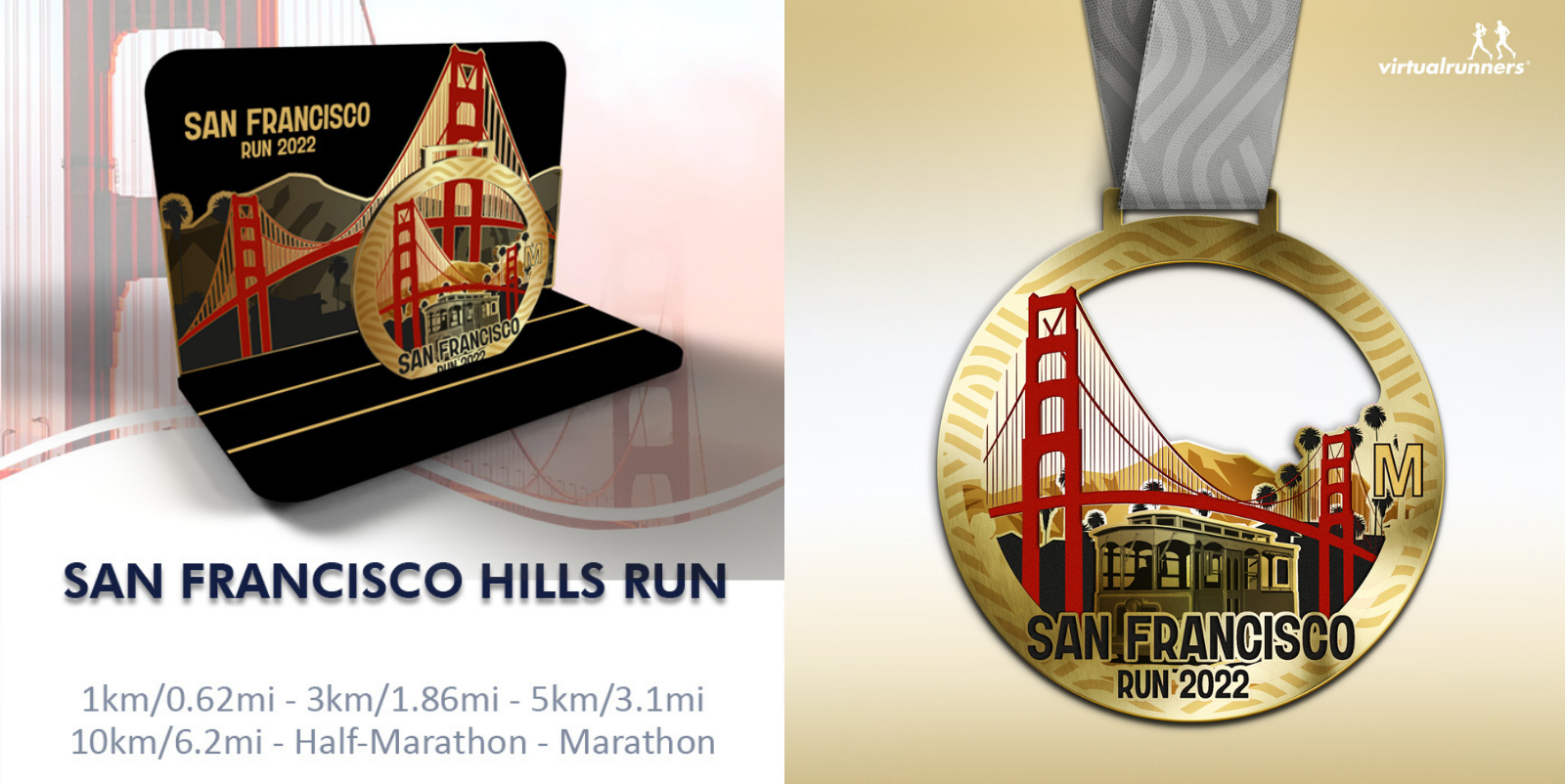 Promotional image featuring the San Francisco Hills Run 2022. The left side shows a black and gold finisher's medal with the Golden Gate Bridge design, set against scenic hills and accompanied by event details. The right side zooms in on the medal's design and event logo.