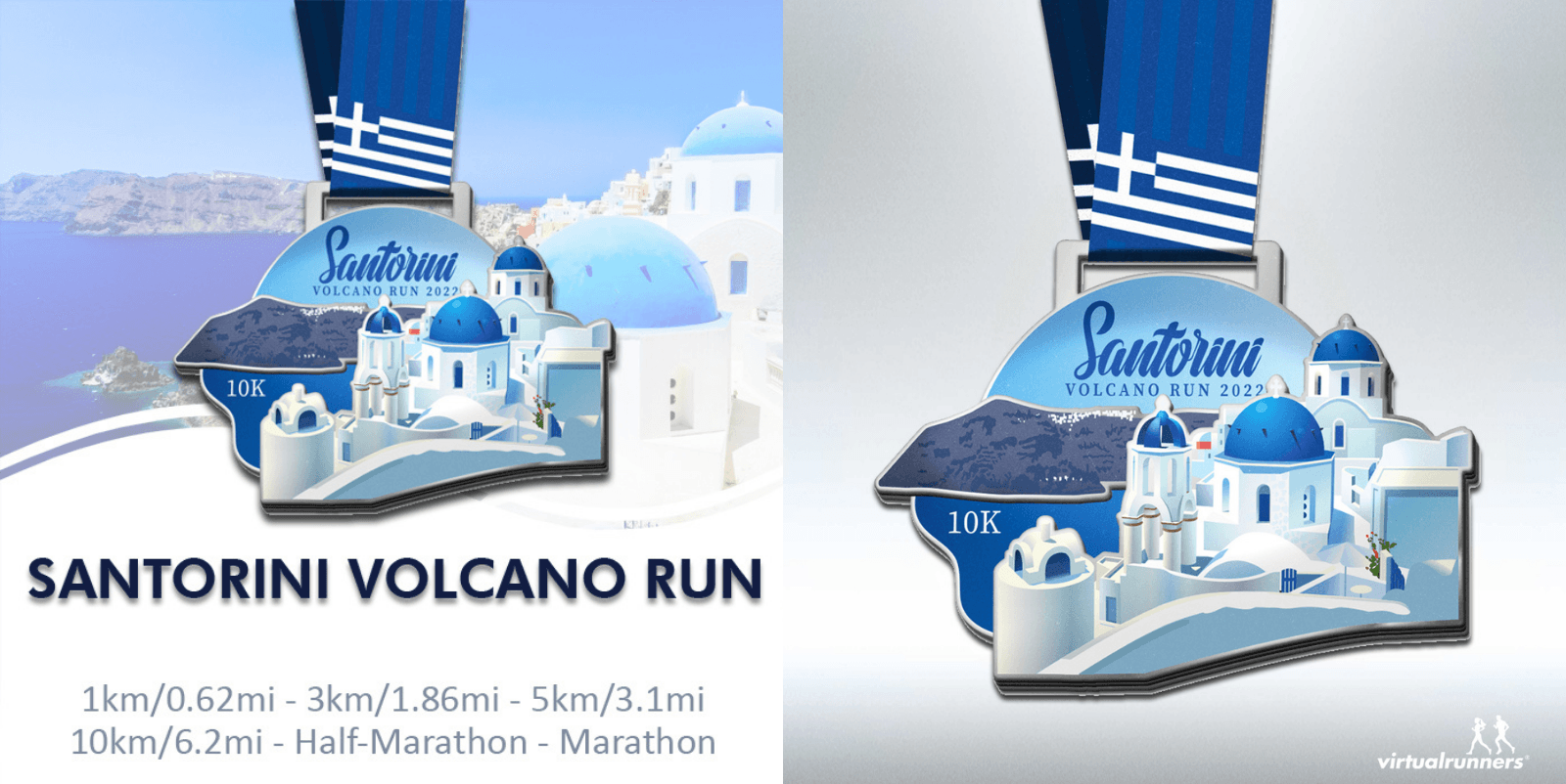Promotional image for the Santorini Volcano Run 2023. The left side features scenic views of Santorini and race details: 1km, 3km, 5km, 10km, half-marathon, and marathon. The right side showcases a detailed race medal with Santorini's signature blue-domed buildings.