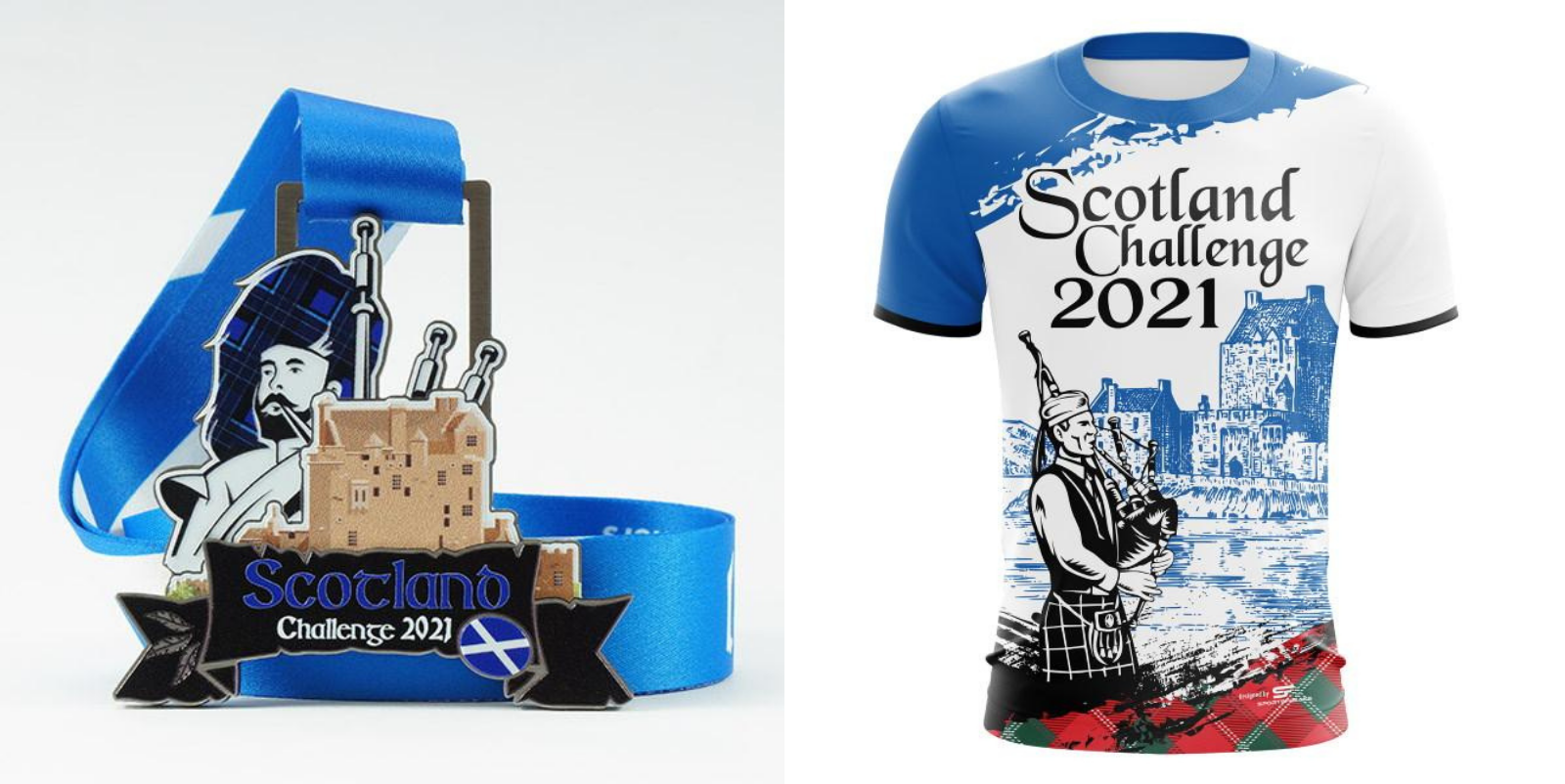 An image features a Scotland Challenge 2021 medal and T-shirt. The medal has a blue ribbon and depicts Scottish imagery, including a bagpiper and a castle. The T-shirt is white and blue with similar graphics and "Scotland Challenge 2021" text prominently displayed.