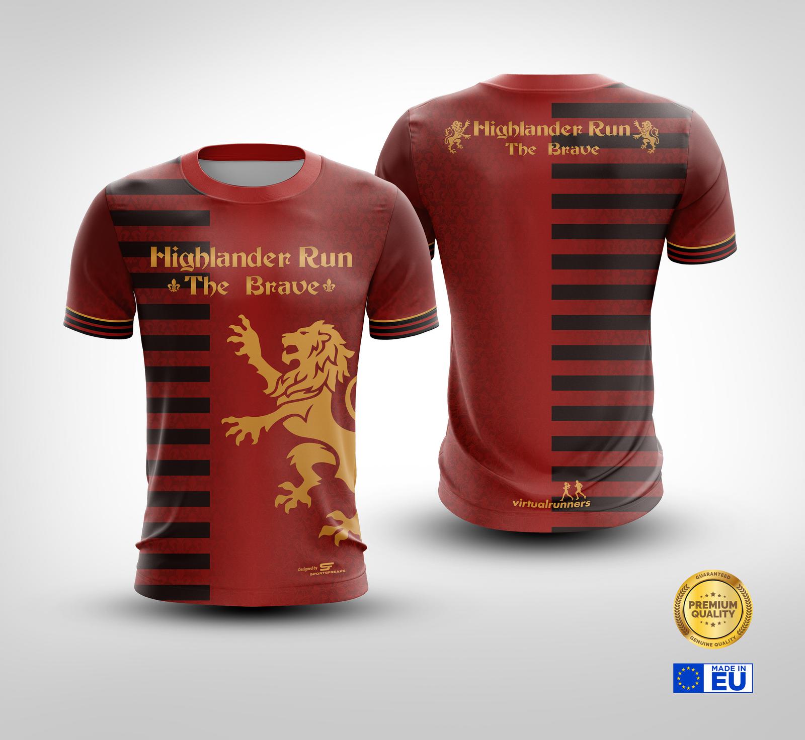 Front and back view of a maroon athletic t-shirt for the "Highlander Run - The Brave" event. The shirt features gold text and a lion graphic on the front, with black horizontal stripes on the back. Logos for premium quality and EU registration are present.