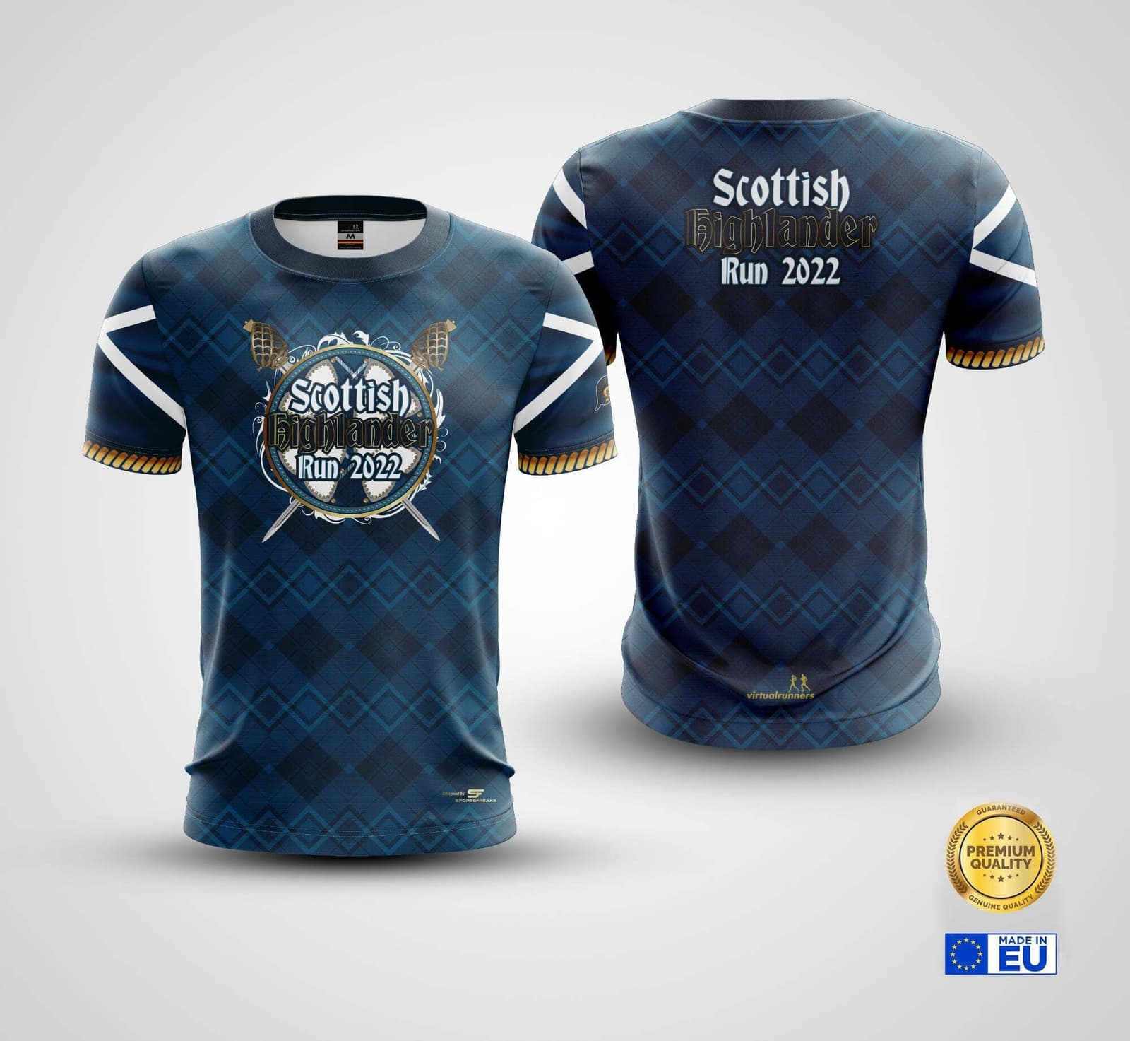 Front and back view of a blue, tartan-patterned t-shirt with "Scottish Highlander Run 2022" printed in white text. The front features crossed bagpipes and a circular logo. The back has the event name and year. Patches indicate "Premium Quality" and "Made in EU".
