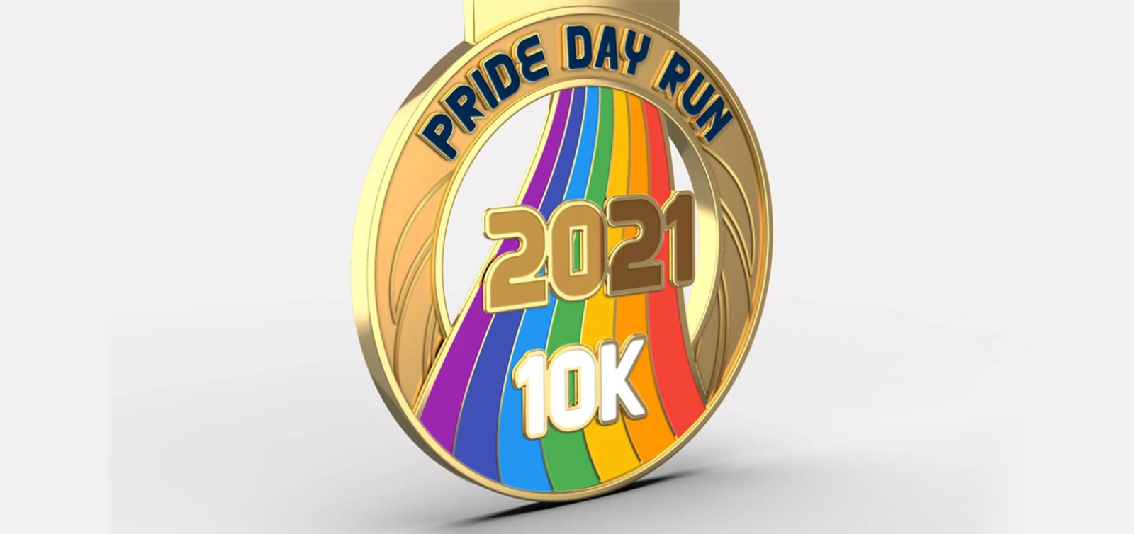 A gold medal with the text "PRIDE DAY RUN" at the top and "2021" and "10K" in large font below. The background features a vertical rainbow design.