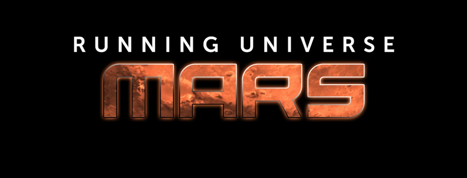 A logo with the text "Running Universe Mars" against a black background. The word "Mars" is styled in bold, large font with a rocky, reddish texture resembling the surface of Mars.