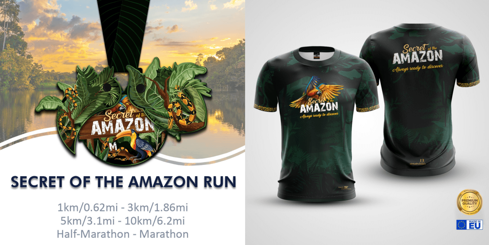 A promotional graphic for the "Secret of the Amazon Run" event. It features a detailed race medal and front-and-back views of a themed race shirt. Event distances are 1km, 3km, 5km, 10km, and half-marathon. Logos for EU certification and premium quality are included.