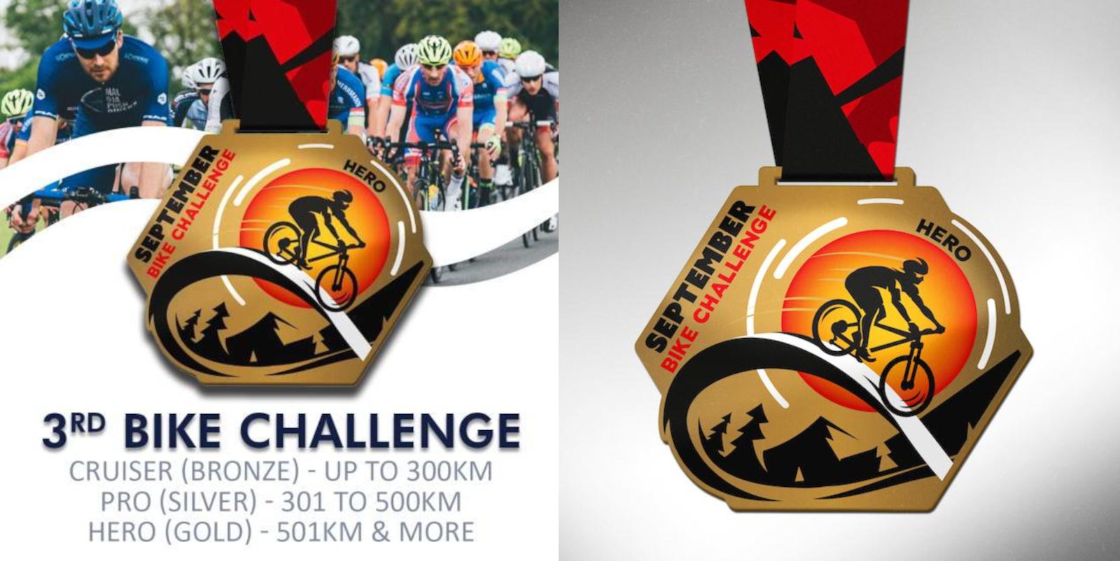 Split image. Left: a group of cyclists racing. Text reads "3rd Bike Challenge," with distances for Cruiser (Bronze), Pro (Silver), and Hero (Gold) categories. Right: a close-up of a medal featuring a cyclist on a red and gold background with text "September Bike Challenge".
