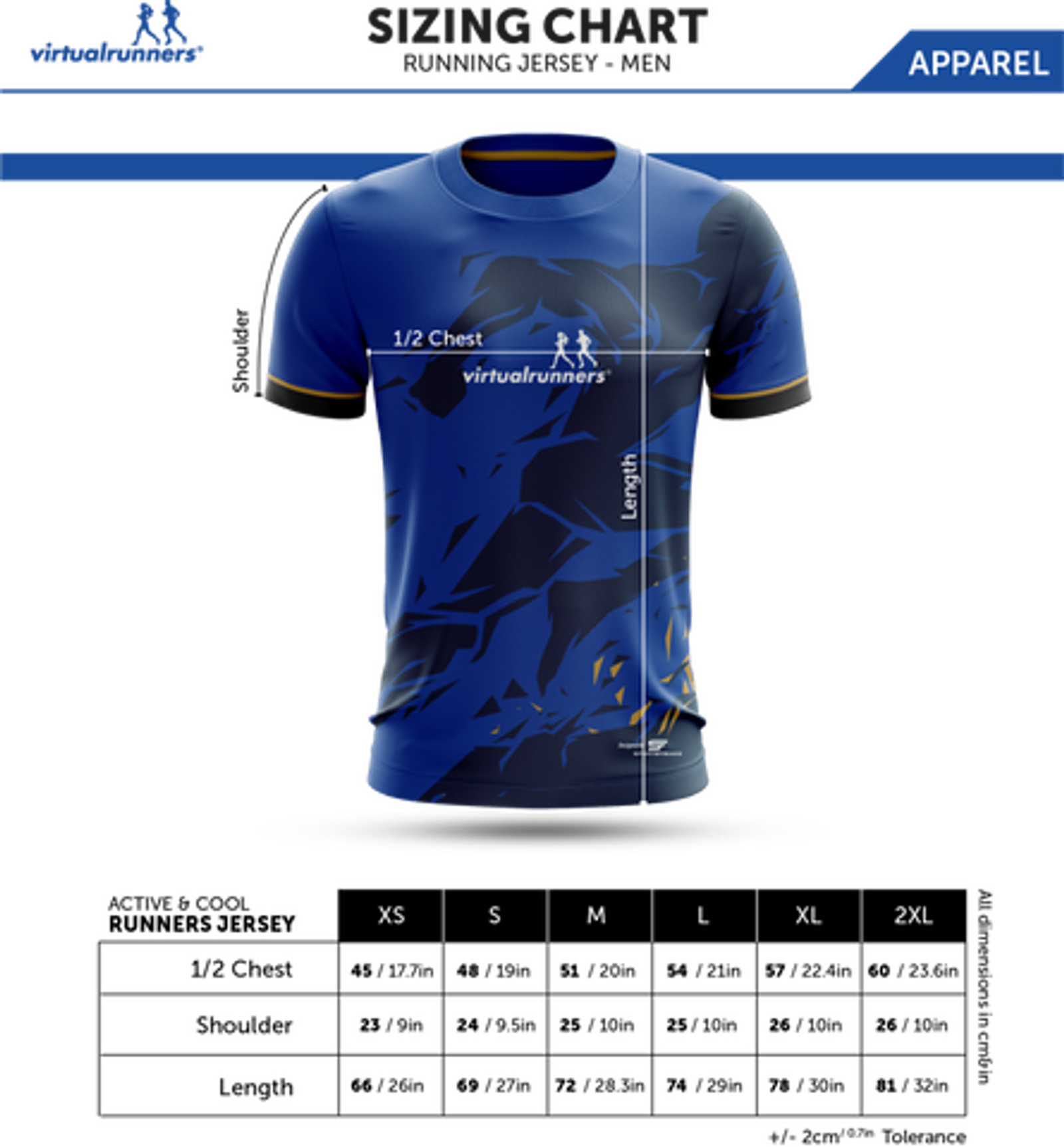 A blue athletic shirt with black abstract patterns, labeled "virtualrunners" with a running figure logo. The shirt is displayed against a white background, with size options XS, S, M, L, XL, and 2XL. Measurement indicators specify chest width and length.