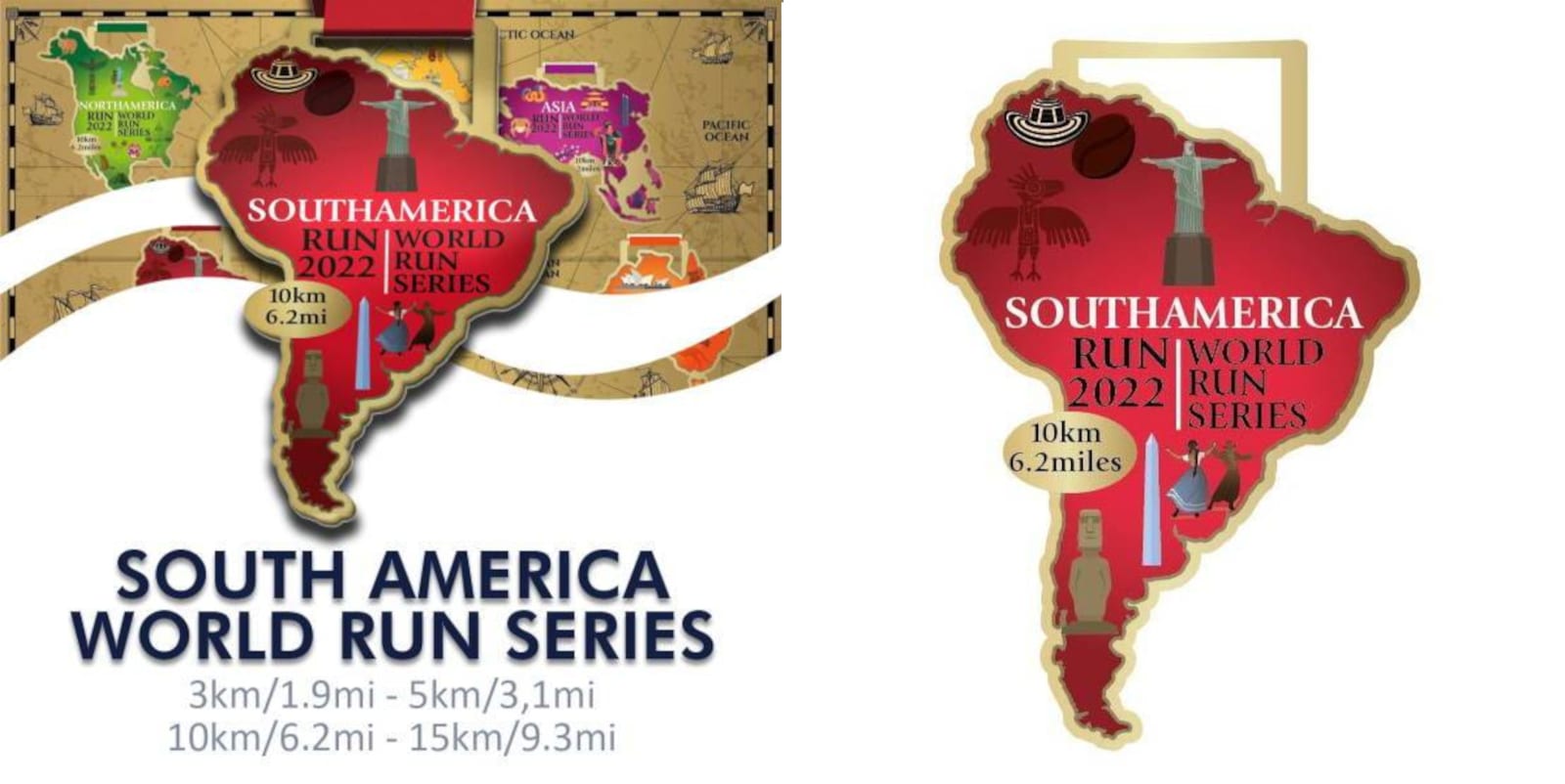 Two graphics for the South America World Run Series. Both feature a South American continent silhouette. The left image has route distances: 3km/1.9mi, 5km/3.1mi, 10km/6.2mi, 15km/9.3mi. The right image highlights 10km/6.2mi and shows a judge's gavel and sneakers.