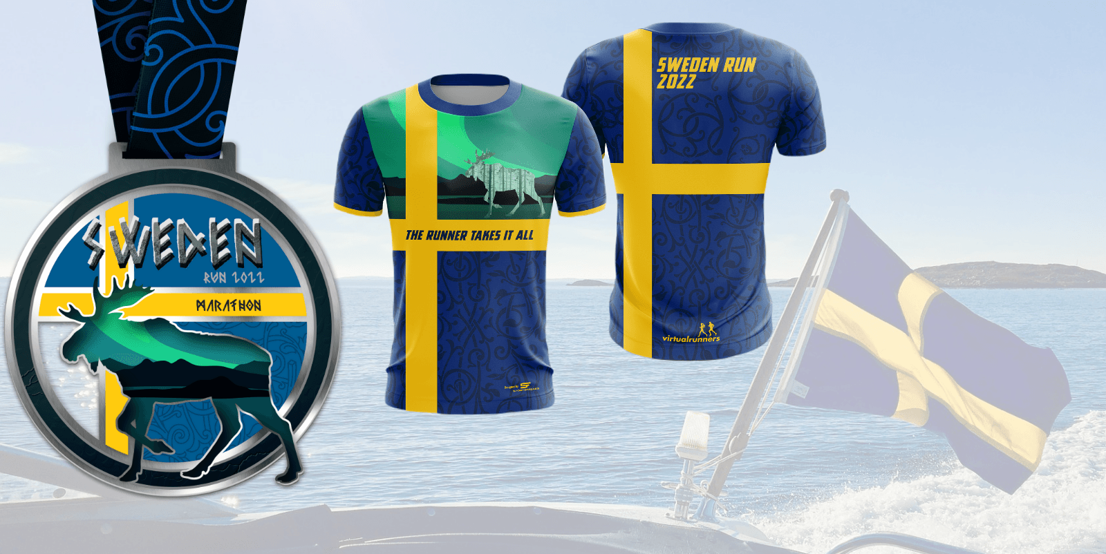 A Sweden-themed running medal and two running shirts are showcased in front of a scenic background with a Swedish flag and water. The medal and shirts feature a stylized moose and Swedish flag design, with text "Sweden Run 2022" and "Sweden Finisher MR & WR 2022.