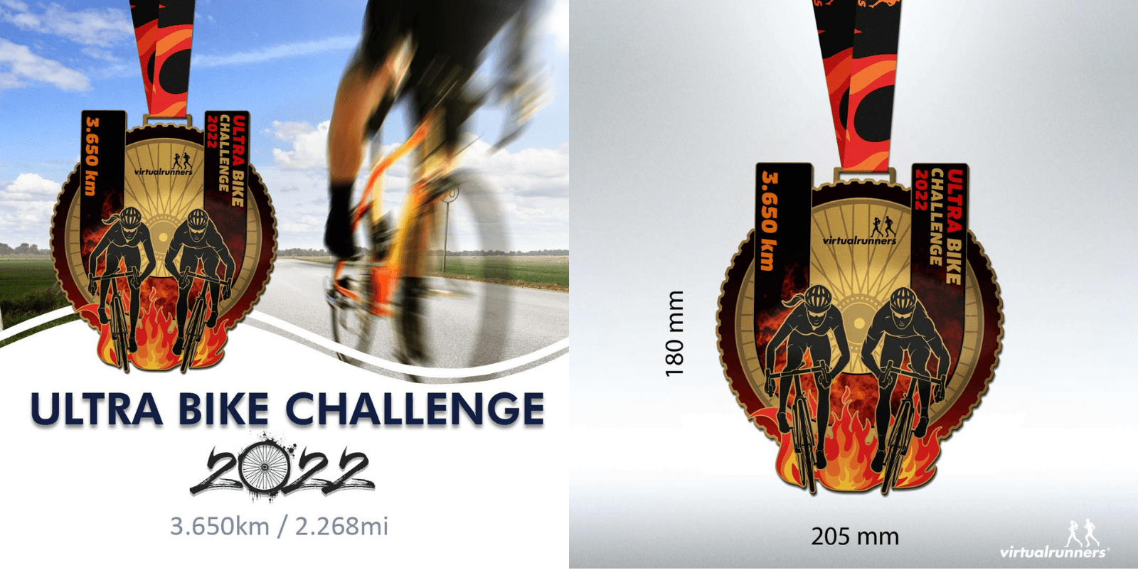 An image of two Ultra Bike Challenge medals. Both feature a cyclist and a flaming design. One medal is displayed with measurements showing 180mm in height and 205mm in width. The text "ULTRA BIKE CHALLENGE 2022" and "3.650km / 2.268mi" is visible.