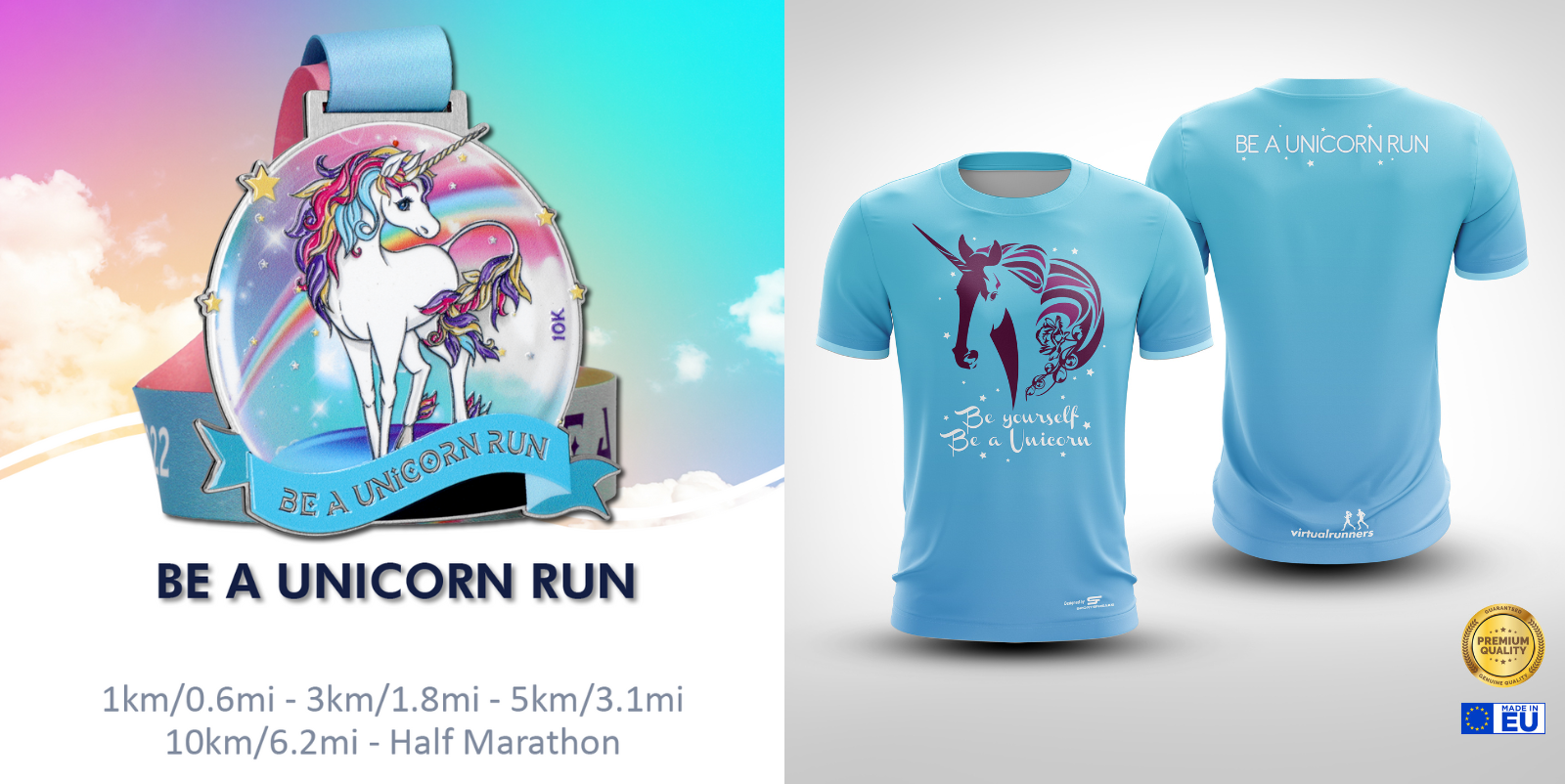 Promotional image for the "Be a Unicorn Run" event featuring the event medal with a unicorn design and event T-shirt with a similar unicorn print. Distance options listed: 1km, 3km, 5km, 10km, and half marathon. The T-shirt is described as premium quality.