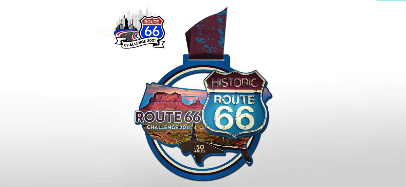 An illustrated medal featuring the Route 66 logo and the words "Historic Route 66 Challenge 2021" over a map of the United States. The medal depicts a desert landscape and distances of 50 miles. The medal ribbon is shown above.