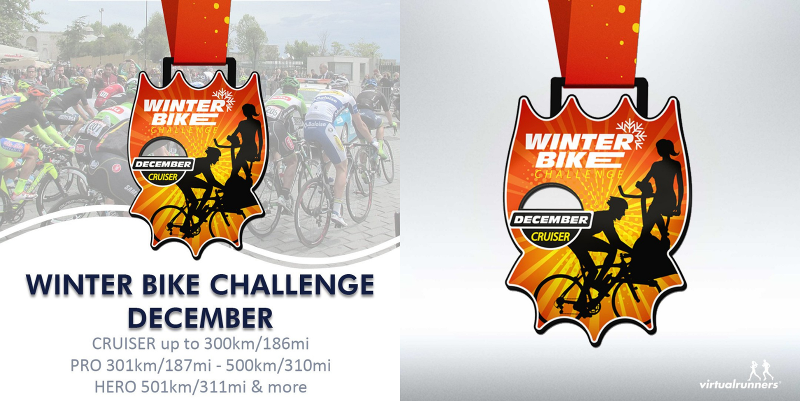 Left side: A group of cyclists racing outdoors with "Winter Bike Challenge December" text overlaid. Right side: A close-up of the "Winter Bike" challenge medal featuring a cyclist silhouette. Text below: CRUISER up to 300km/186mi, PRO 301km/187mi - 500km/310mi, HERO 501km/311mi & more.