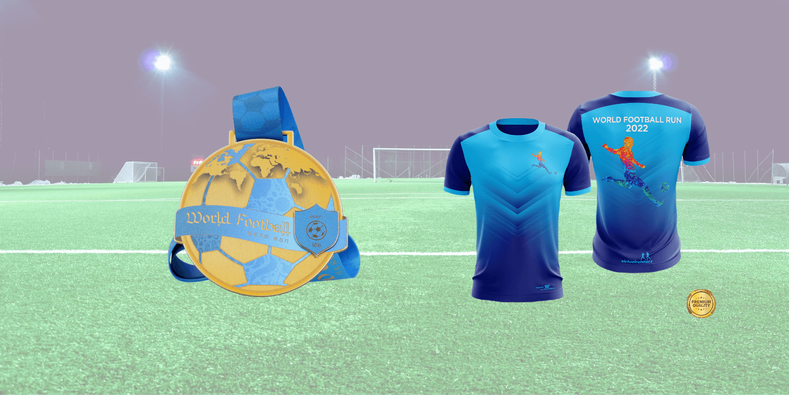 A soccer field at night with two blue sports shirts and a gold medal on display. The medal reads "World Football Run." The shirts, depicting a soccer player mid-kick, have the text "World Football Run 2022" on the back. A small soccer emblem is also visible.