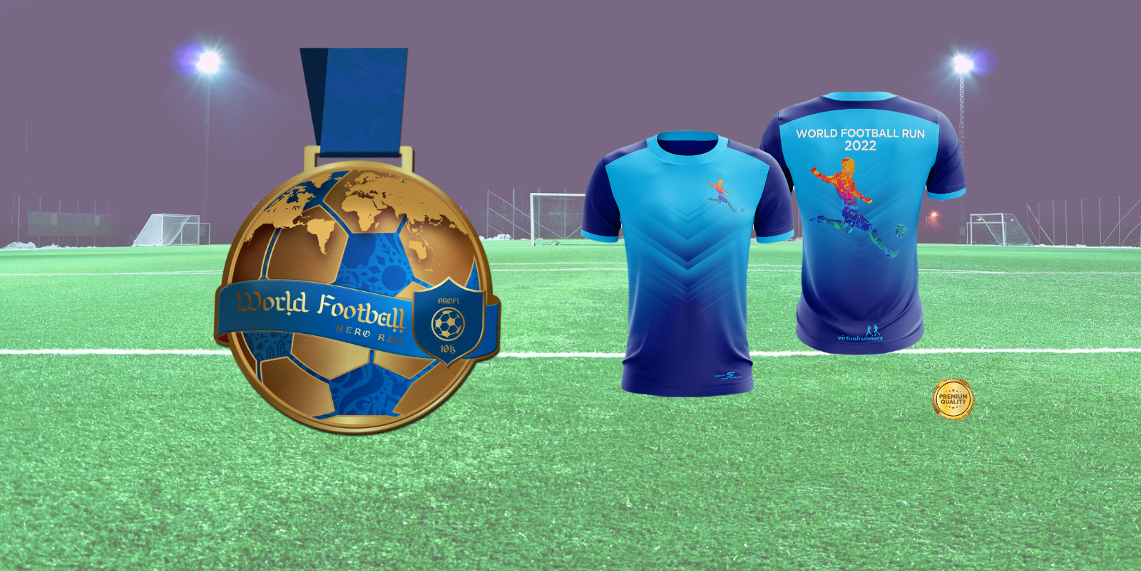The image shows two blue T-shirts with a football-themed design, front and back views. A gold medal with a globe and football pattern is depicted on the left, displaying "World Football Hero" text. The background features a well-lit football field at night.