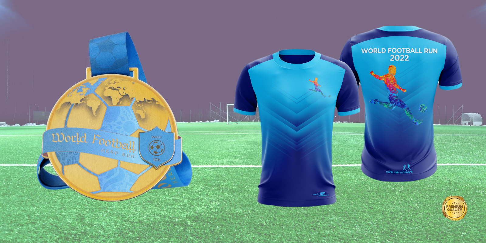 Image of a World Football Run event medal and two blue gradient sports shirts. The front shirt features a small footballer graphic, while the back shirt shows a larger footballer design and the text "World Football Run 2022". A gold quality badge is displayed.
