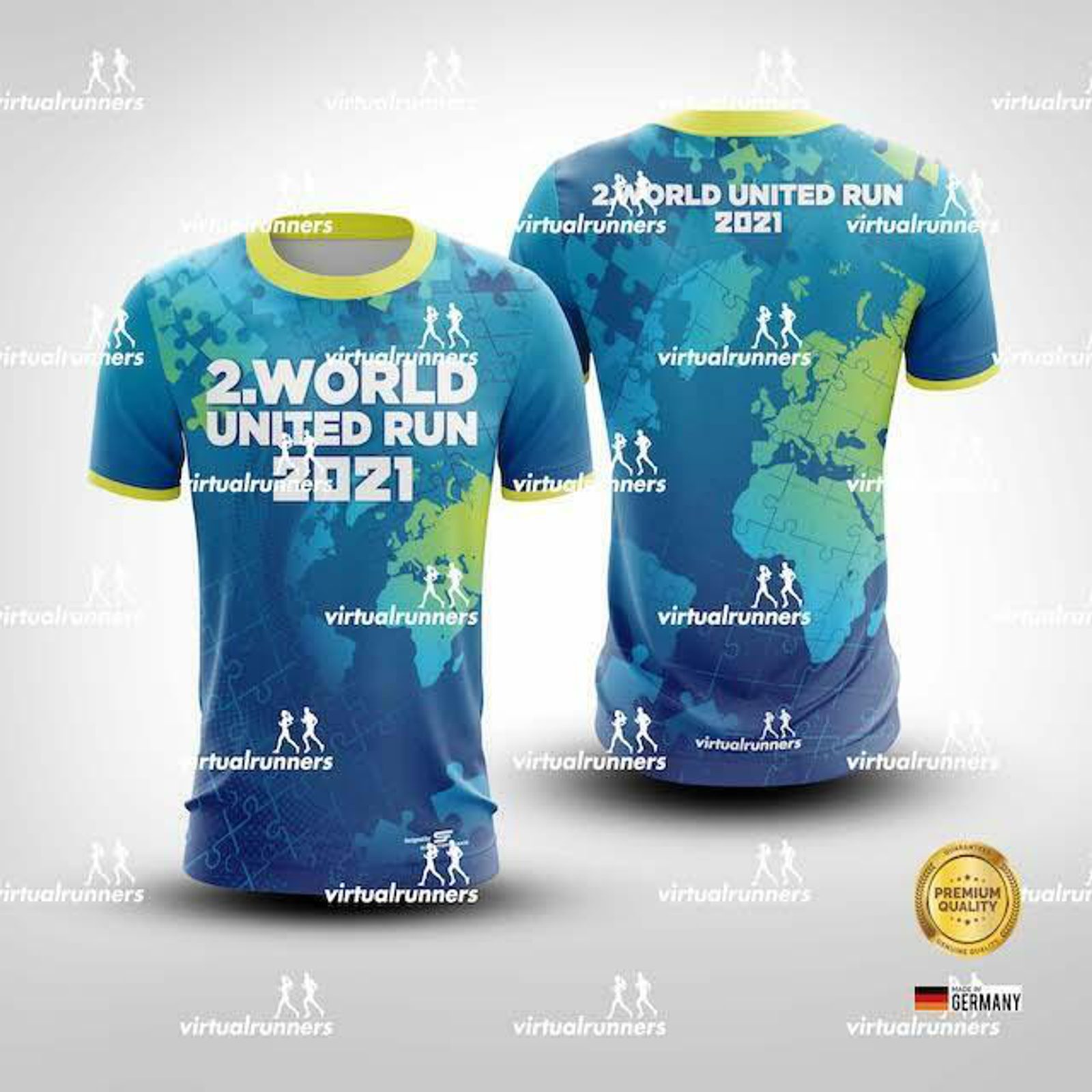 Front and back view of a blue athletic shirt with yellow trim. The shirt features a world map design, silhouettes of runners, and text "2. World United Run 2021." Logos for Virtual Runners and a German flag are also visible.