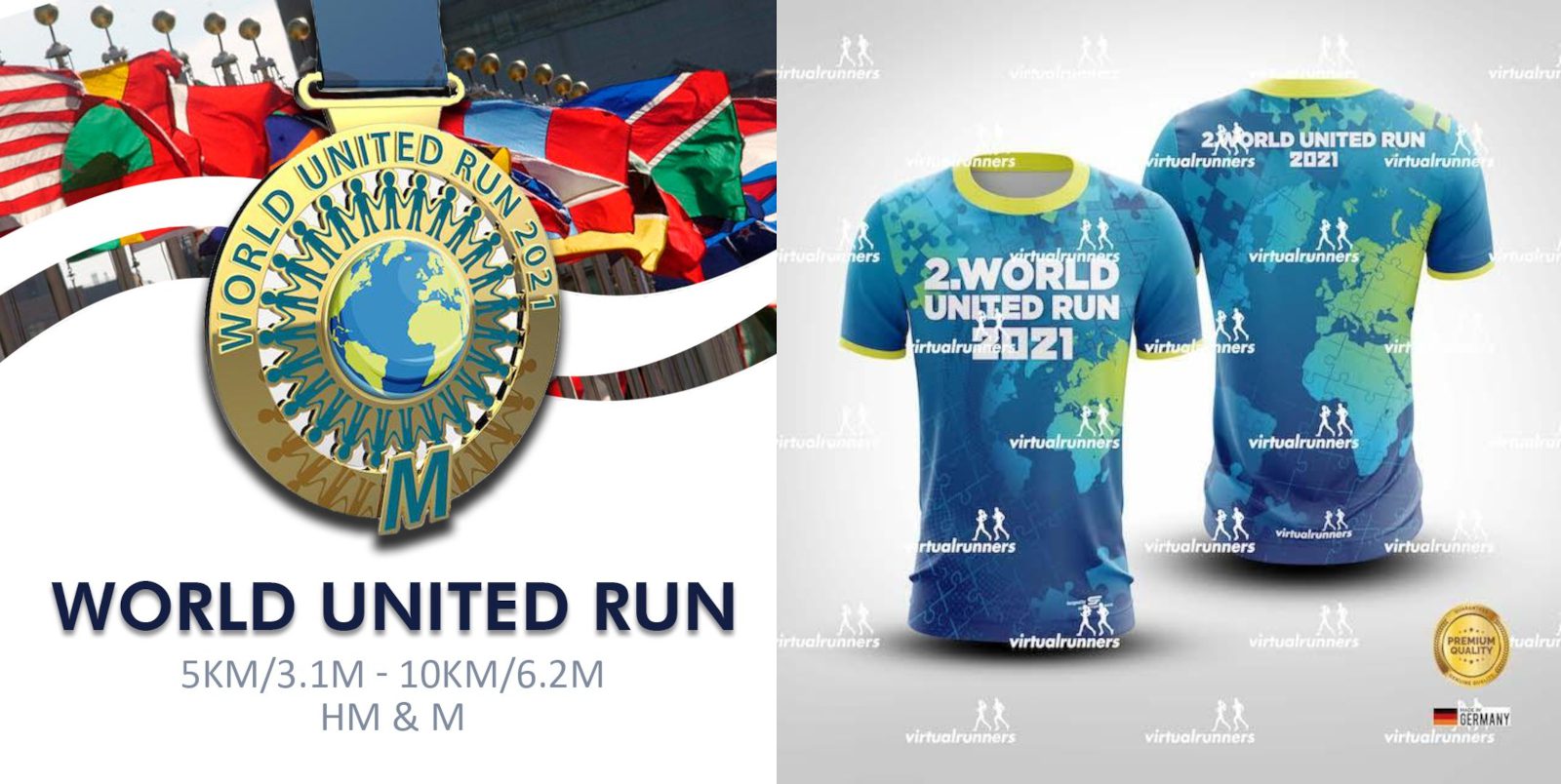 A promotional image for the World United Run 2021. On the left, a medal with a globe and diverse flags. On the right, front and back views of the event's blue T-shirt with a world map design. The text reads "WORLD UNITED RUN" and details the distances: 5KM, 10KM, HM & M.