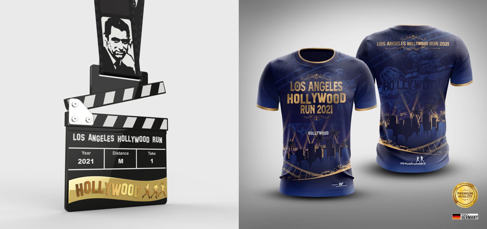 Image of a Los Angeles Hollywood Run 2021 event featuring a race medal and a race shirt. The medal is designed like a movie clapperboard, and the shirt is dark blue with gold accents, showcasing a skyline and Hollywood-themed graphics.