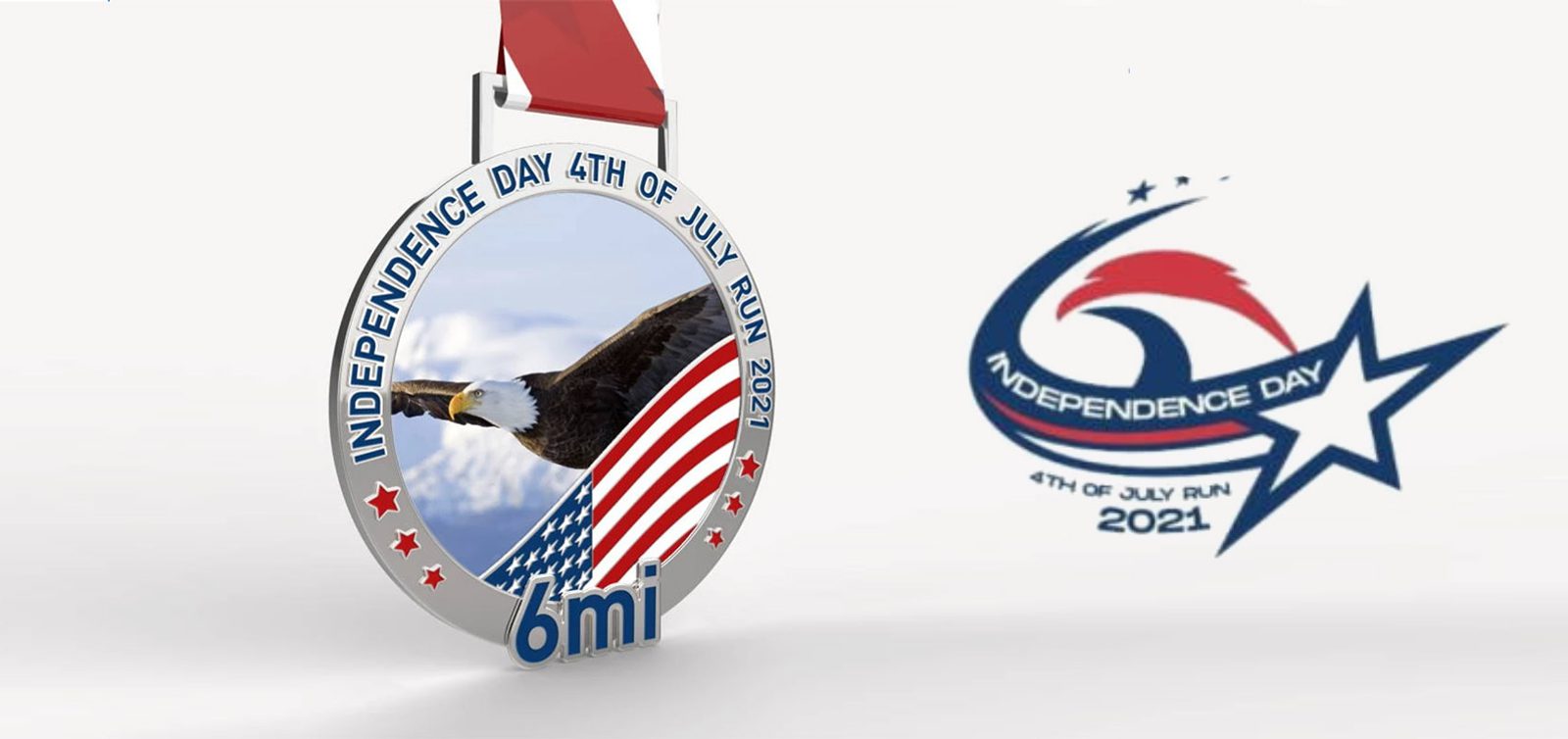 A medal with an image of a bald eagle and the American flag, labeled "Independence Day 4th of July Run 2021" and "6mi," hanging from a red ribbon. Next to it is a stylized logo of a star and a wave with the same text.