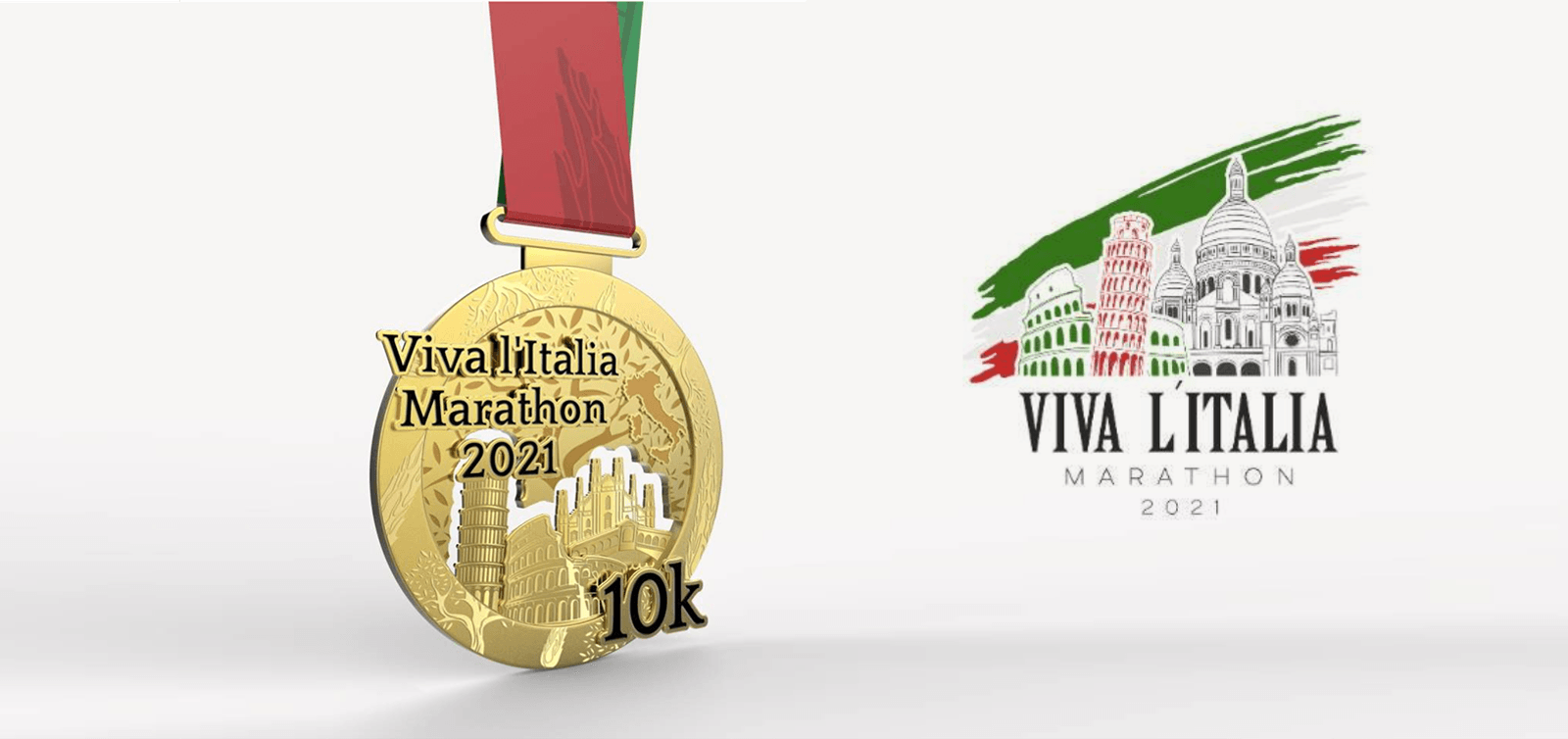 A gold medal with a red and green ribbon for the "Viva L'Italia Marathon 2021" featuring 3D images of Italian landmarks is displayed. To the right is the "Viva L'Italia Marathon" logo with the Colosseum, Leaning Tower of Pisa, and the Florence Cathedral.
