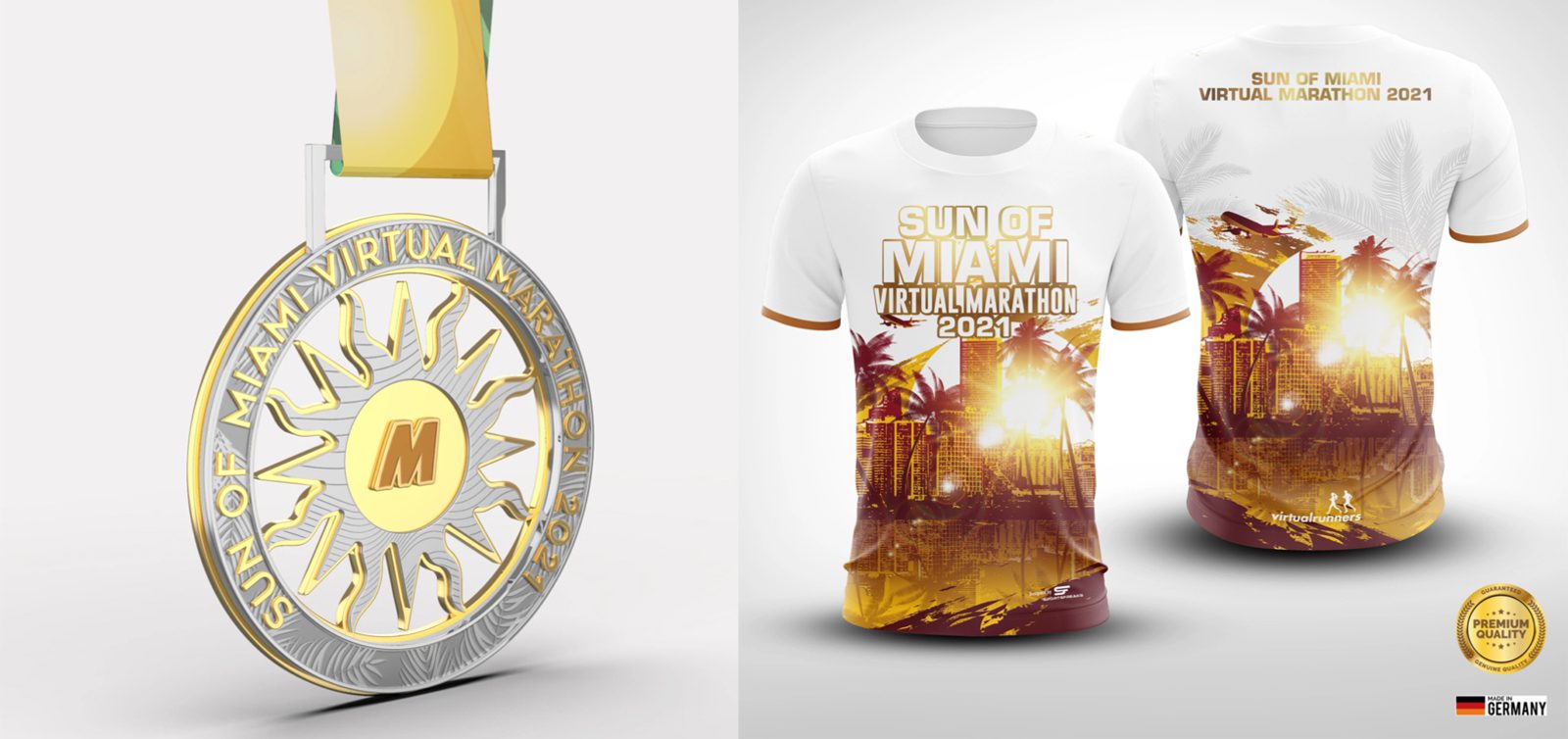 A medal and two T-shirts for the "Sun of Miami Virtual Marathon 2021" are displayed. The medal is silver with an intricate sun design and the event's name inscribed around it. The white T-shirts feature a sunny Miami cityscape with event details. A small German flag appears at the bottom.