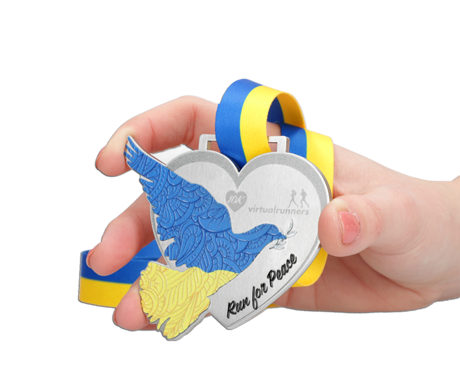 A hand holds a heart-shaped medal with an abstract design of a blue and yellow bird. The medal reads "Run for Peace" and includes logos. The attached ribbon is striped in blue and yellow.