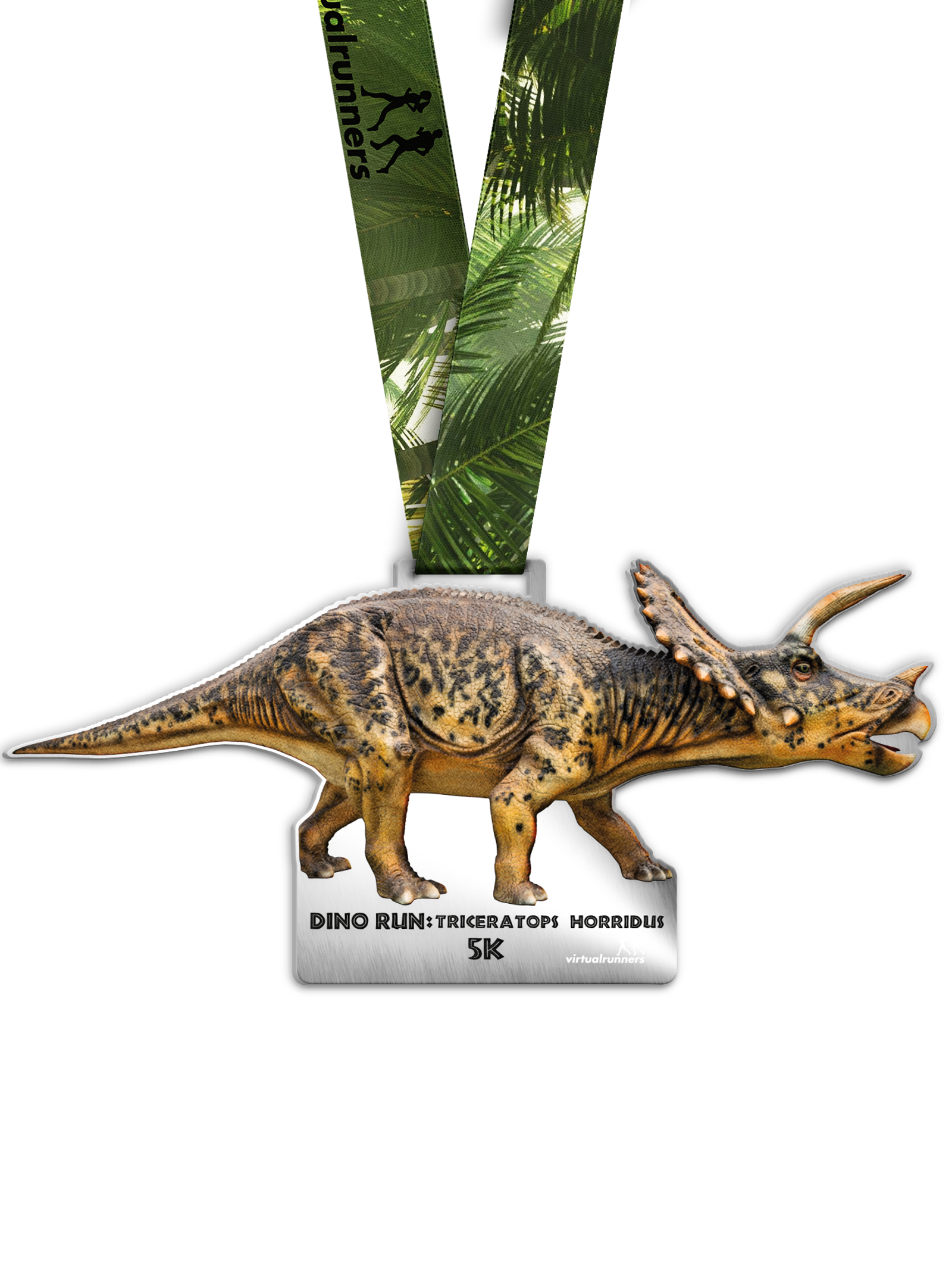 A medal featuring a detailed depiction of a Triceratops with three horns and a frilled head, hanging from a green ribbon with a tropical leaf pattern. The medal text reads "Dino Run: Triceratops Horridus 5K." The ribbon displays the "worldrunners" logo.