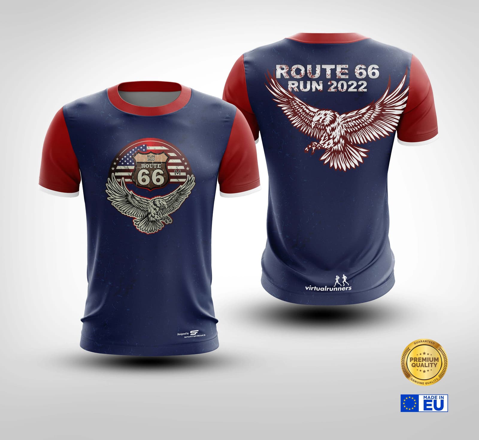 Front and back view of a navy blue and red T-shirt with "Route 66 Run 2022" text. The front has an eagle graphic and American flag design, while the back features a prominent eagle in flight. Badges for "Premium Quality" and "Made in EU" appear at the bottom.