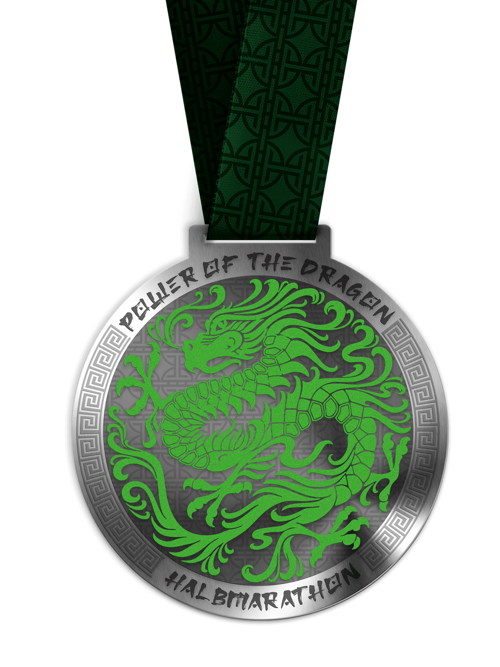 A circular silver medal with intricate patterns features a detailed green dragon design in the center. The text "POWER OF THE DRAGON HALBMARATHON" is inscribed around the edge. The medal is attached to a dark green patterned ribbon.