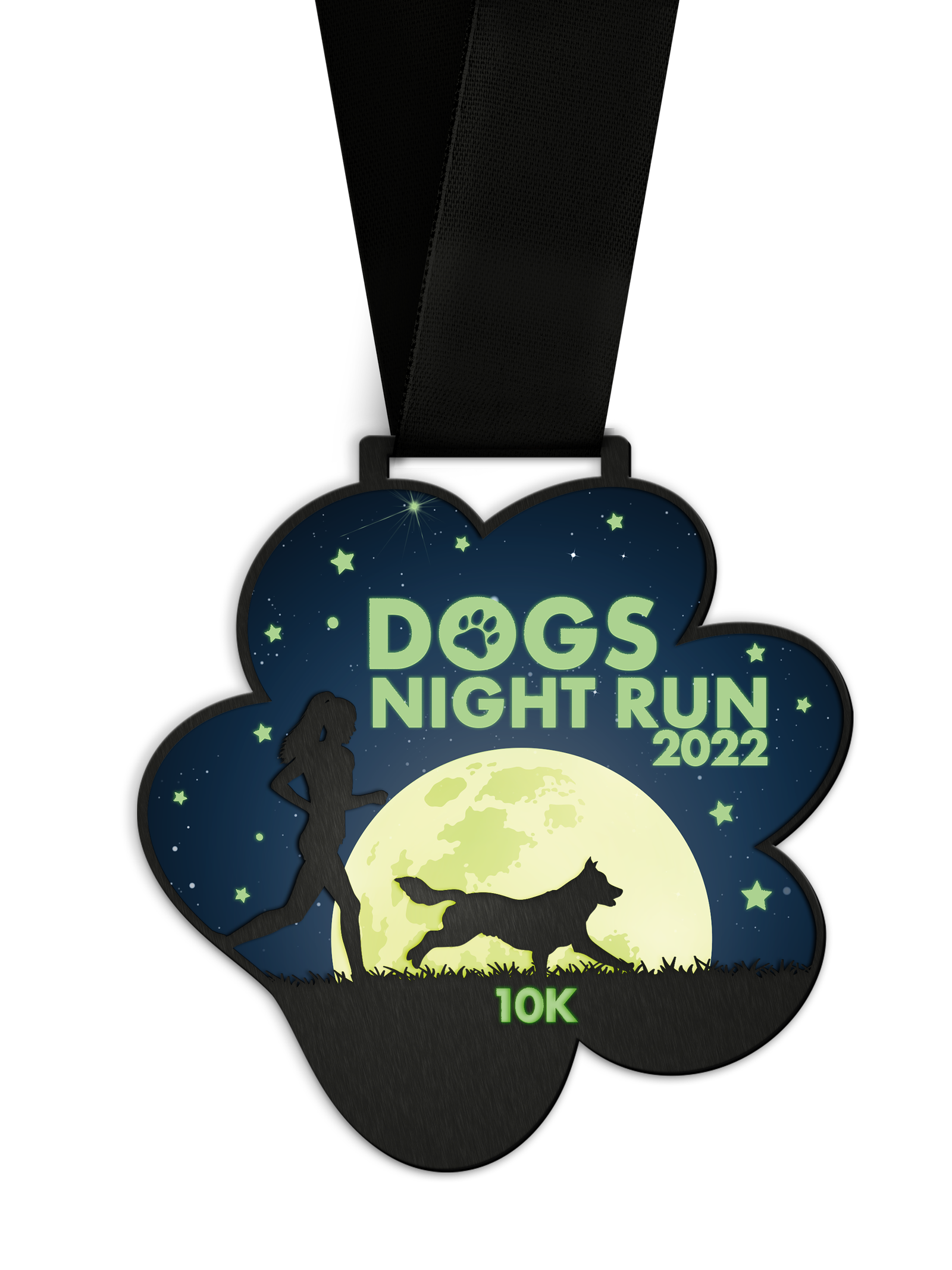 A medal for "Dogs Night Run 2022" shaped like a paw print, featuring a silhouette of a woman running with a dog against a backdrop of a full moon and stars. "10K" is written at the bottom. The medal is attached to a black ribbon.